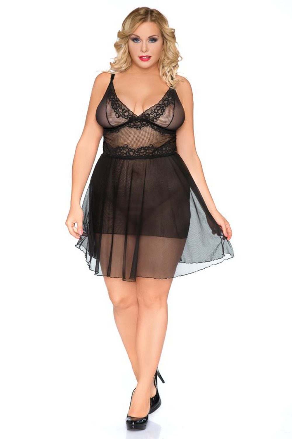 Andalea Negligé Chemise aus Tüll mit Spitze Negligee Nachtkleid, schwarz, Made in EU