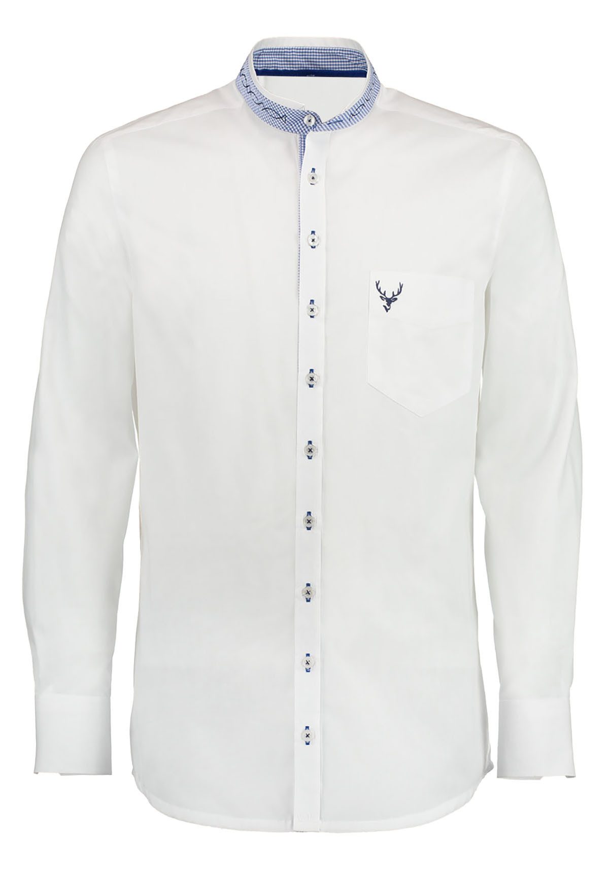 Moschen-Bayern Trachtenhemd Trachtenhemd Herren SLIM FIT Stehkragen Hirsch Langarm Weiß-Blau