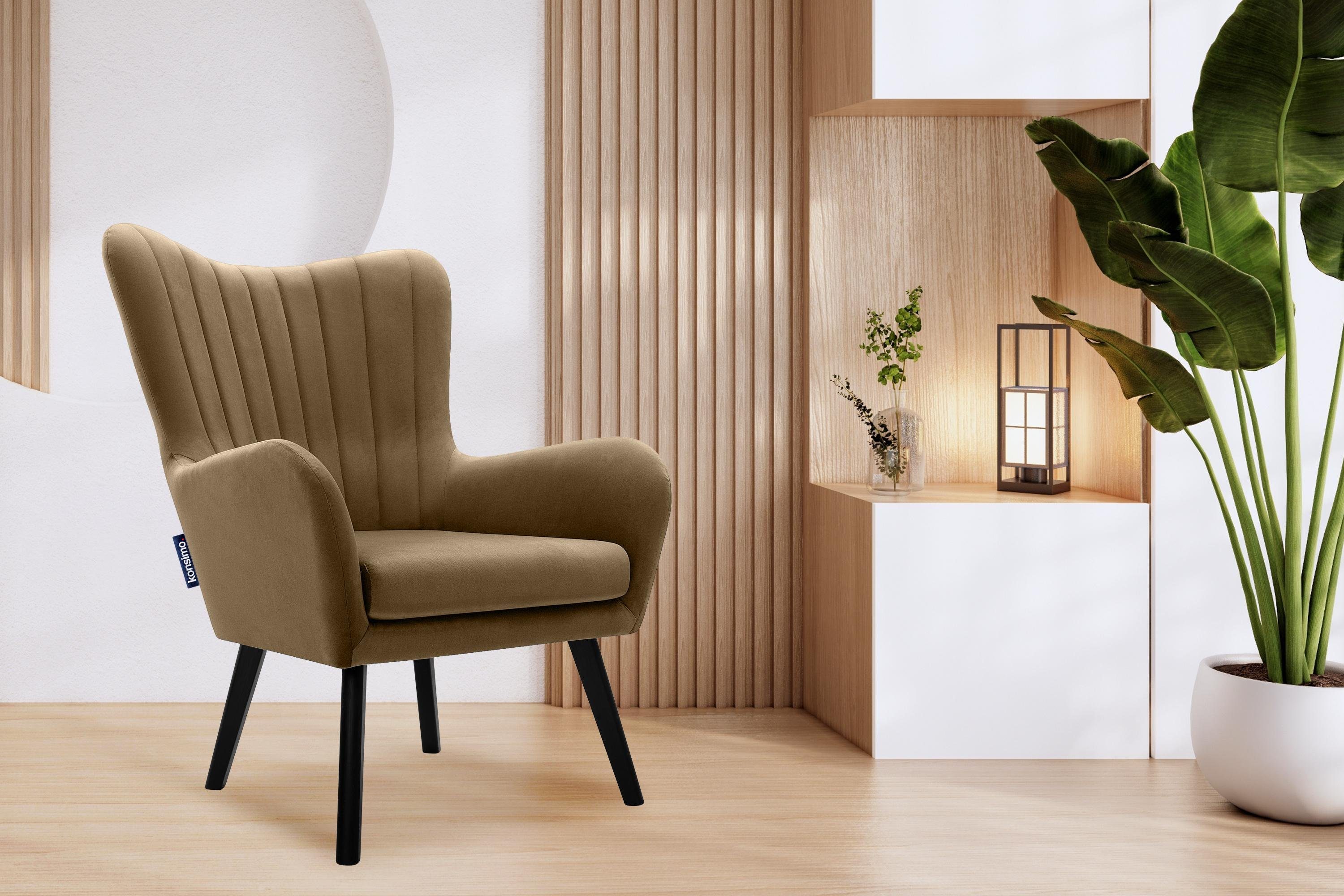 KONSIMO® Ohrensessel GADI, Velourstoff, PUR-Schaum im Sitz, Schwarz lackierte Holzbeine