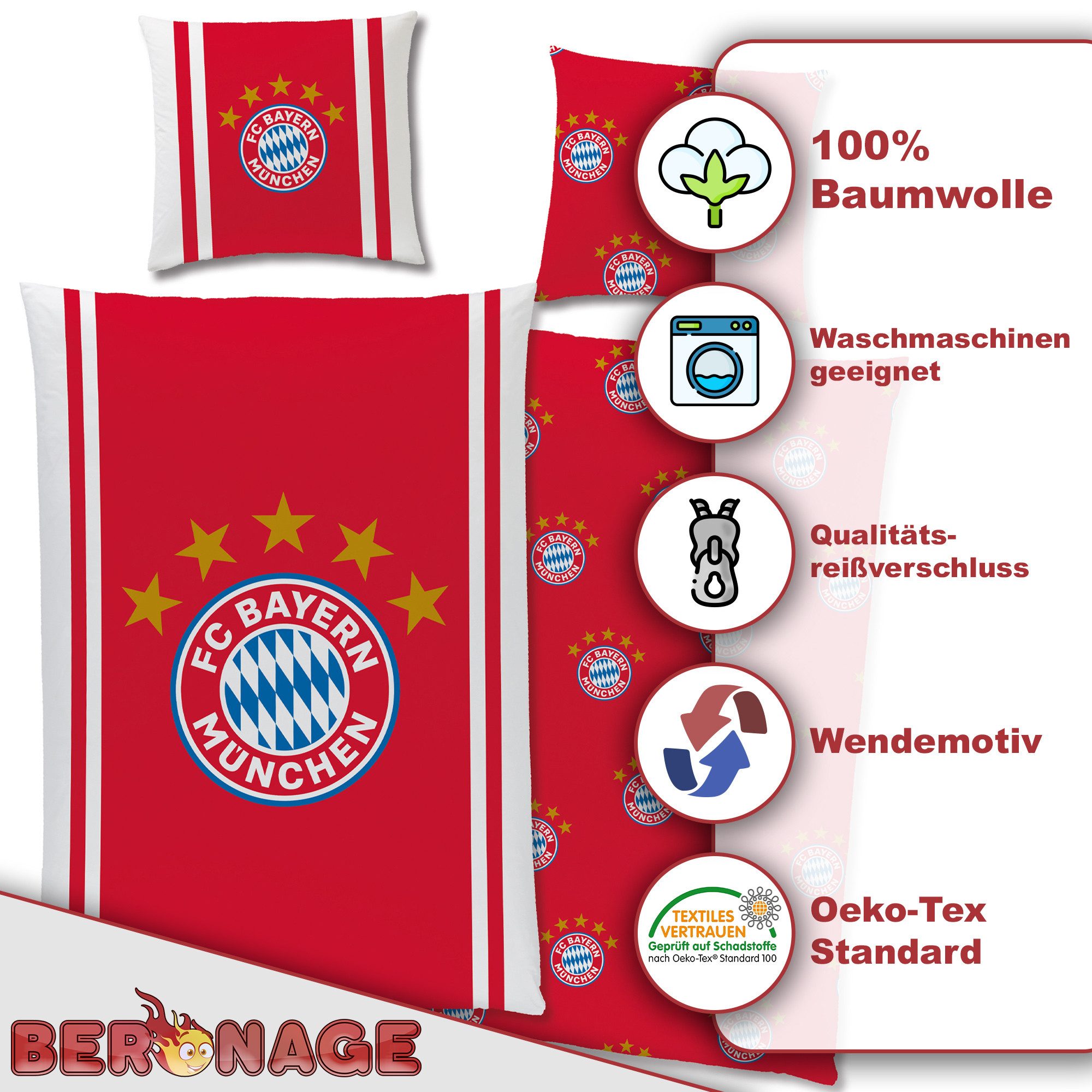 BERONAGE Wendebettwäsche FC Bayern München Mia San Mia Bettwäsche Linon / Renforcé, 100% Baumwolle, 2 teilig, 135x200 + 80x80 cm