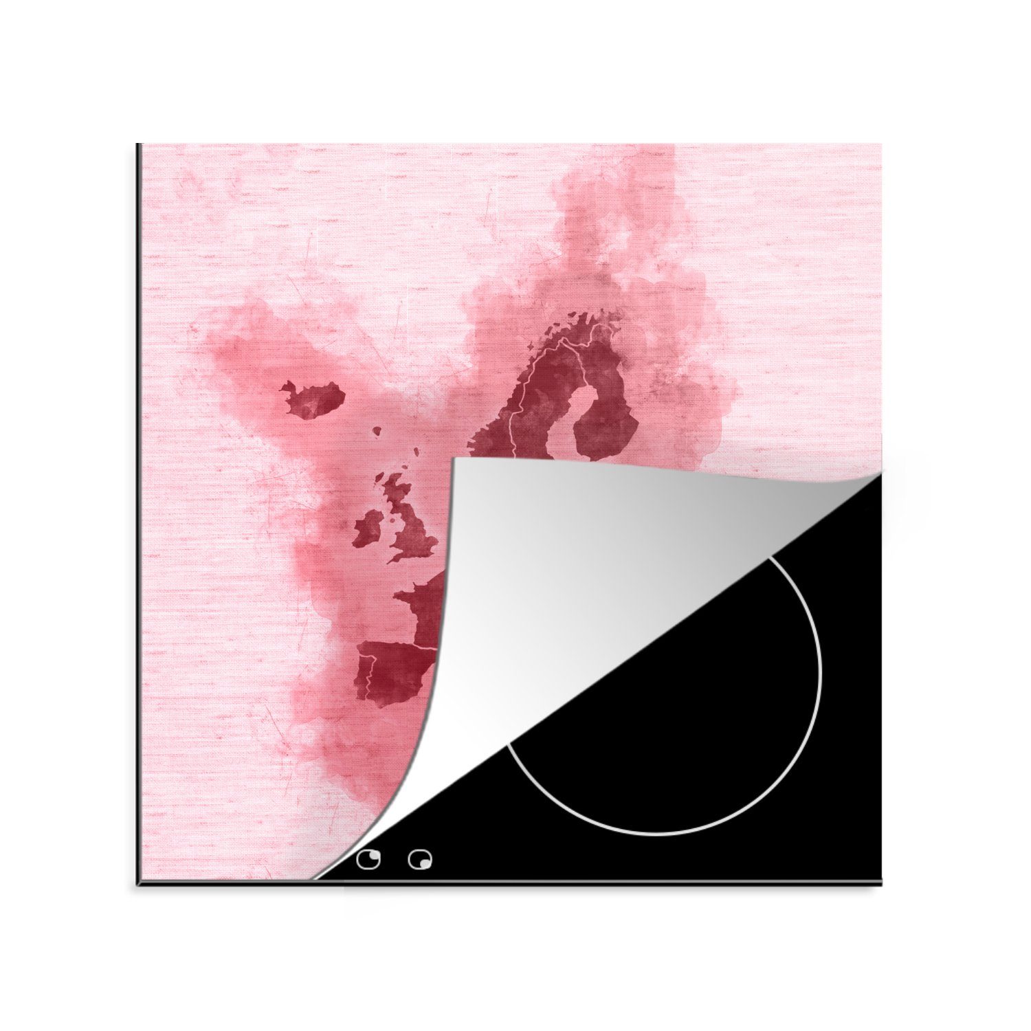 MuchoWow Herdblende-/Abdeckplatte Europa-Karte - Aquarell - Rosa, Vinyl, (1 tlg), 78x78 cm, Ceranfeldabdeckung, Arbeitsplatte für küche