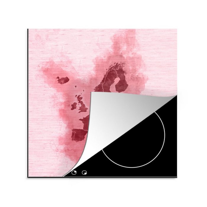 MuchoWow Herdblende-/Abdeckplatte Europa-Karte - Aquarell - Rosa Vinyl (1 tlg) Ceranfeldabdeckung Arbeitsplatte für küche