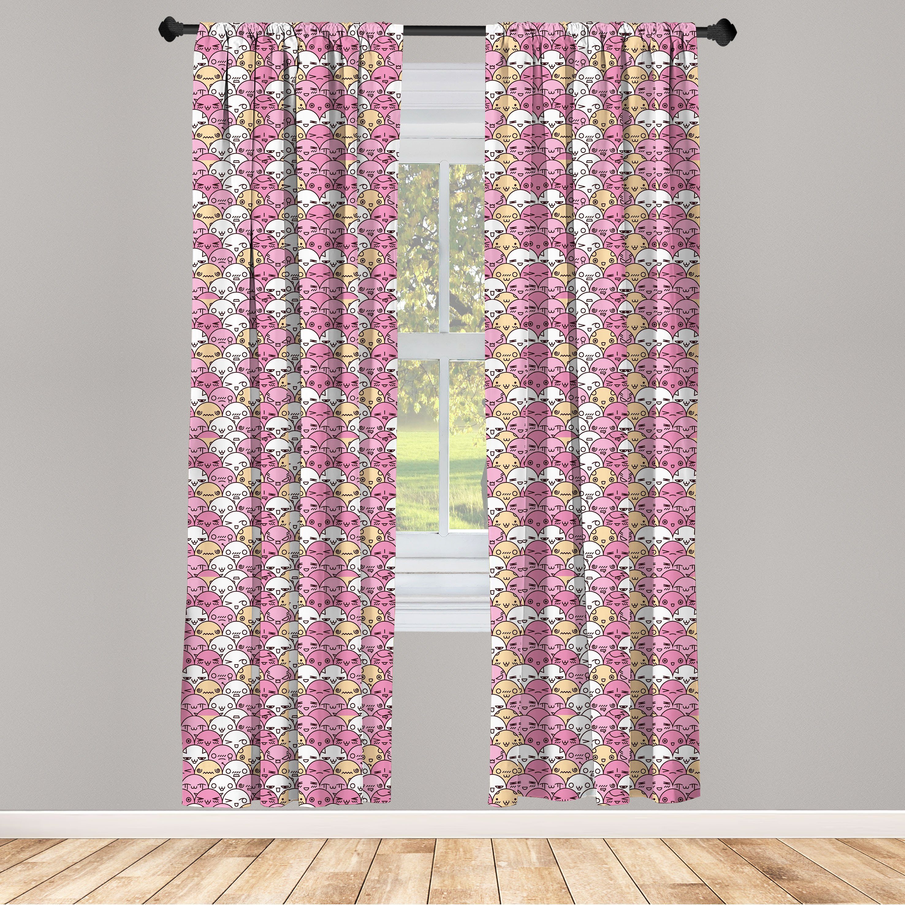 Gardine Vorhang für Wohnzimmer Schlafzimmer Dekor, Abakuhaus, Microfaser, Anime Kawaii Gesichter Spaß-Muster