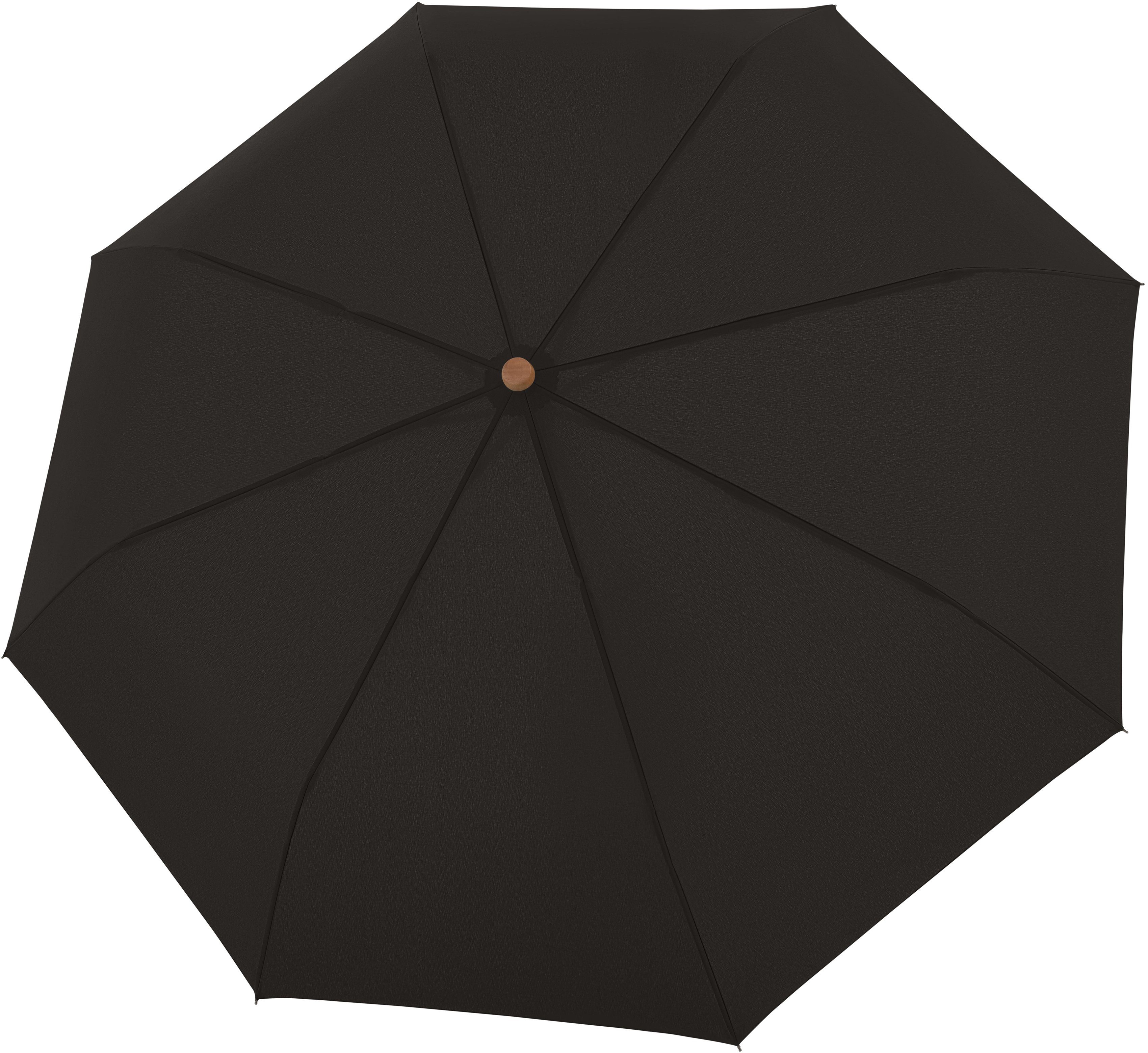 doppler® Taschenregenschirm nature Mini, aus mit aus Griff FSC®- - Material schützt weltweit black, recyceltem Wald simple
