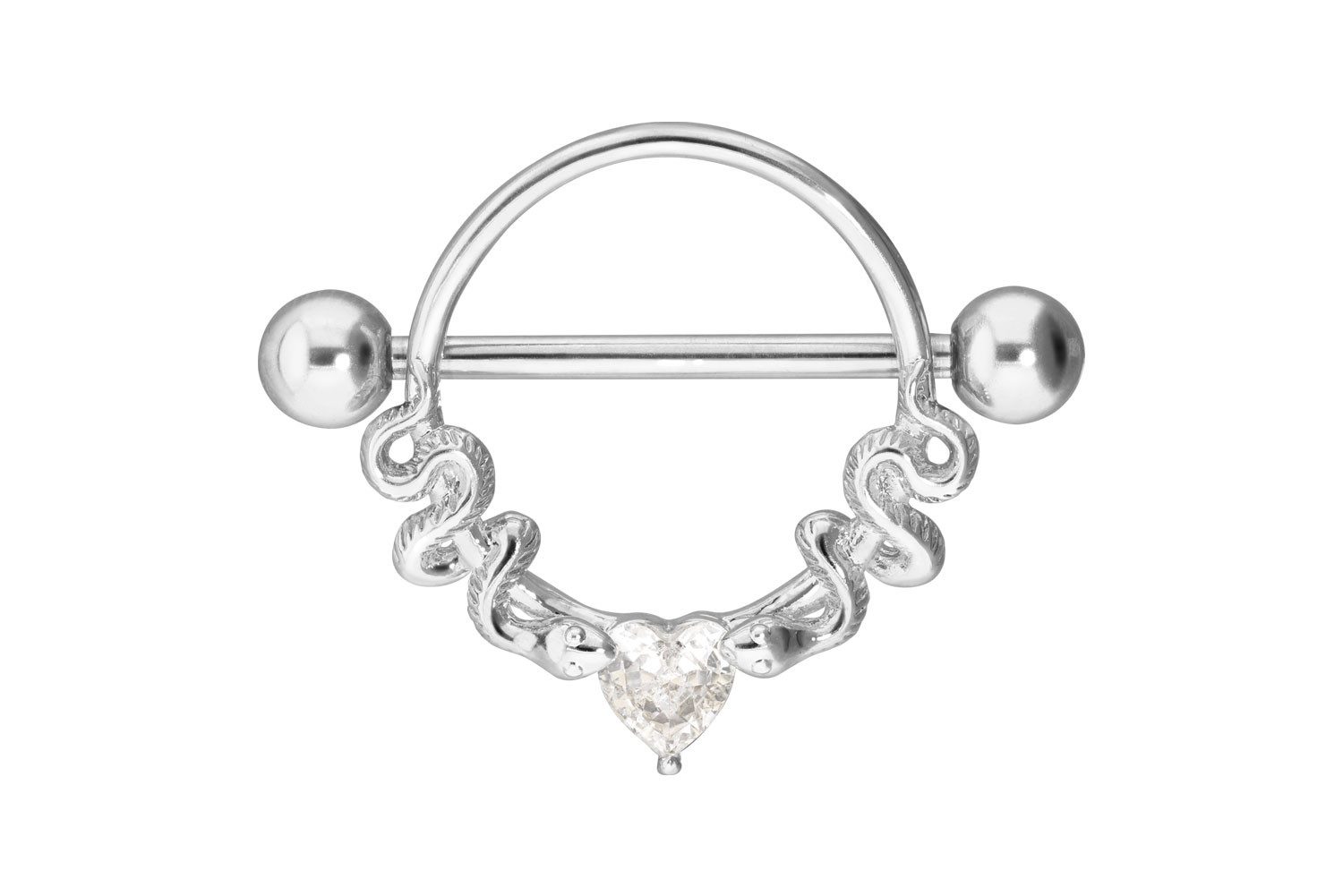 PIERCINGLINE Brustwarzenpiercing Chirurgenstahl Nippelpiercing KRISTALLHERZ + 2 SCHLANGEN (Barbells, 1-tlg), Brust-, Nippel-Piercing, Chirurgenstahl