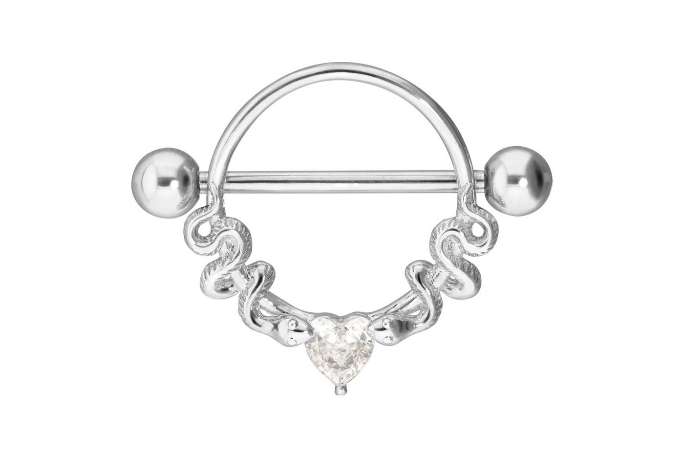 PIERCINGLINE Brustwarzenpiercing Chirurgenstahl Nippelpiercing KRISTALLHERZ + 2 SCHLANGEN (Barbells, 1-tlg), Brust-, Nippel-Piercing, Chirurgenstahl