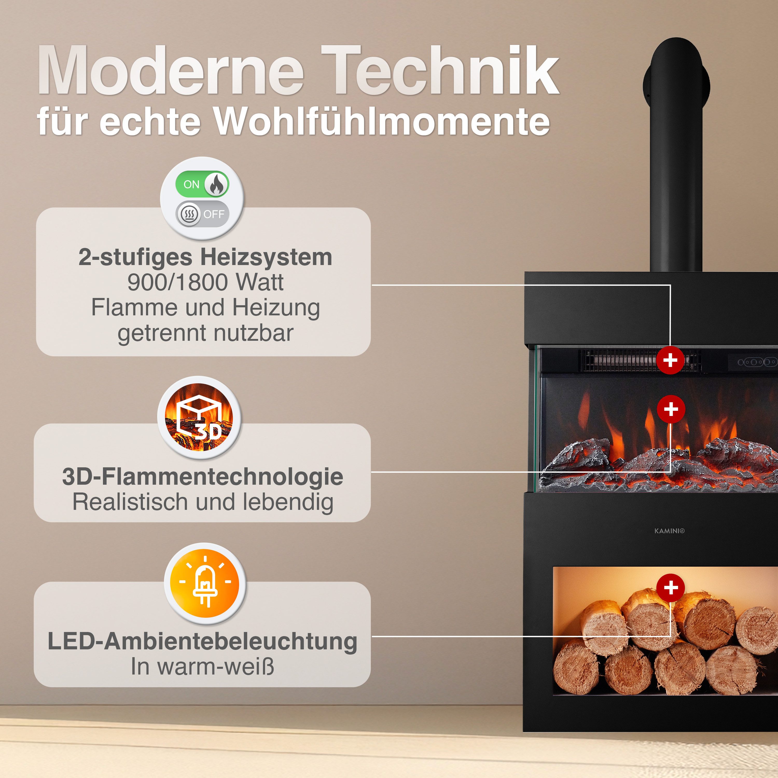 KAMINIO Elektrokamin HENRI mit Abzugsrohr, Elektrischer Kamin mit 3D-Flammeneffekt, Heizung 2000W