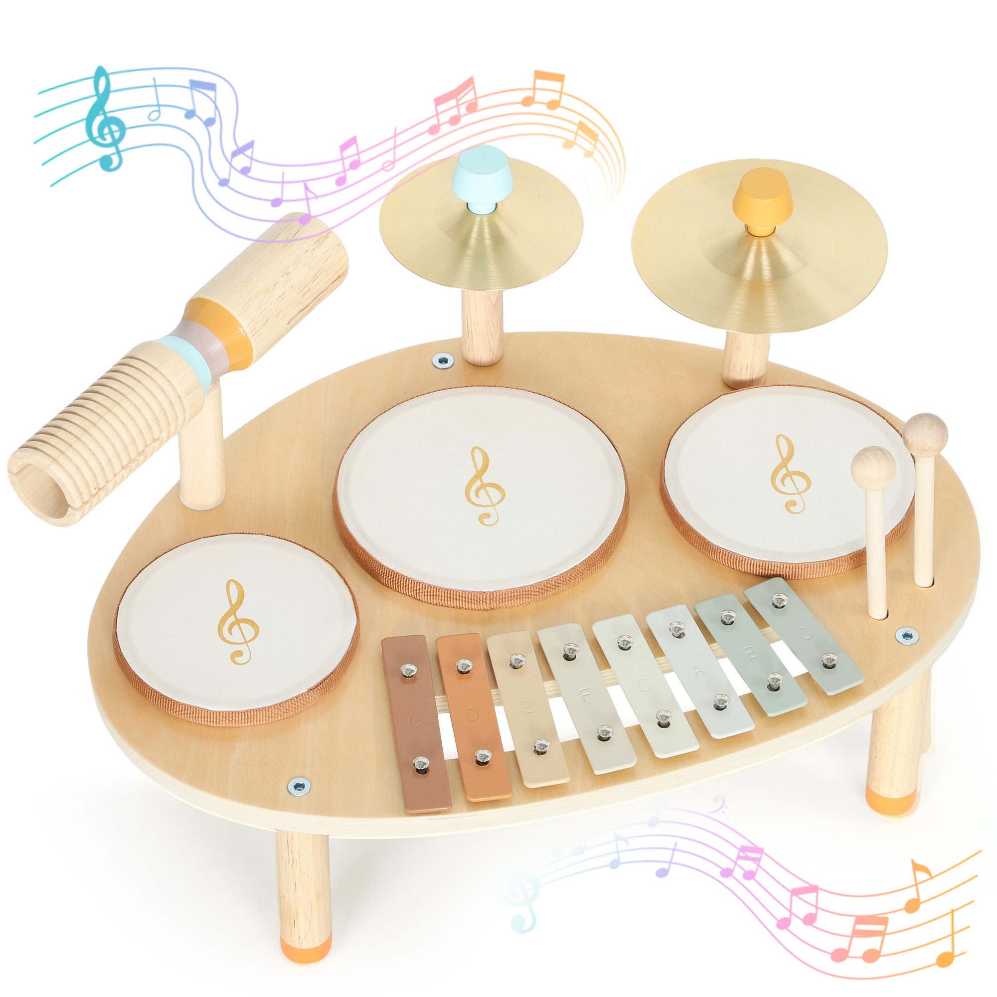 AIYAPLAY Kinderschlagzeug 4-in-1 Montessori Musikinstrumente Set,Schlagwerk für Kinder, 6-St., Sensorisches Lernspielzeug, für Kinder ab 2 Jahre Naturholz