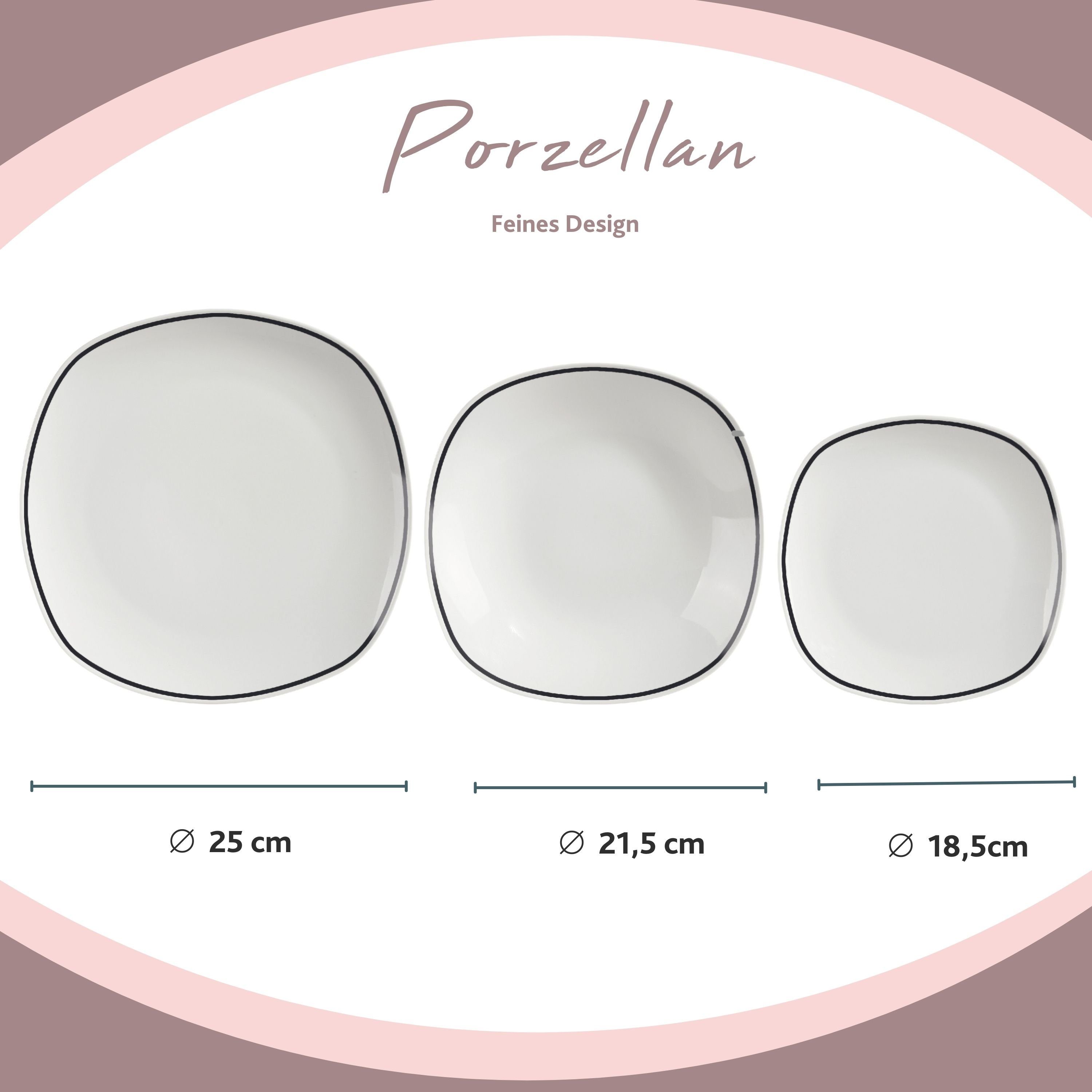 SÄNGER Tafelservice Bilgola Black Rim (18-tlg), 6 Personen, Porzellan, Weiß mit schwarzen Akzenten, spülmaschinengeeignet, Premium Collection