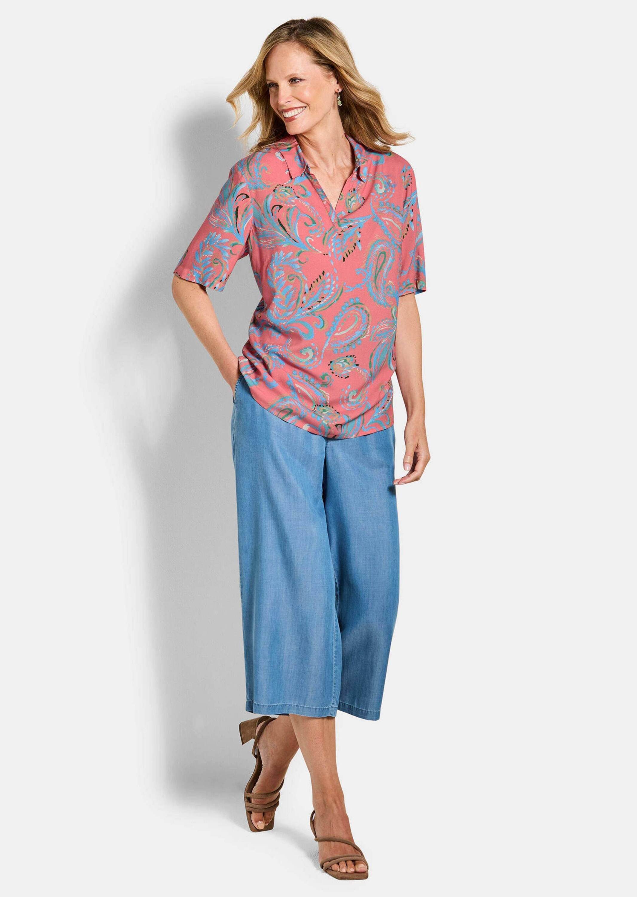 GOLDNER Schlupfbluse Schlupfbluse mit Paisley-Muster Viskoseshirt mit offenem Kragen und Halbarm