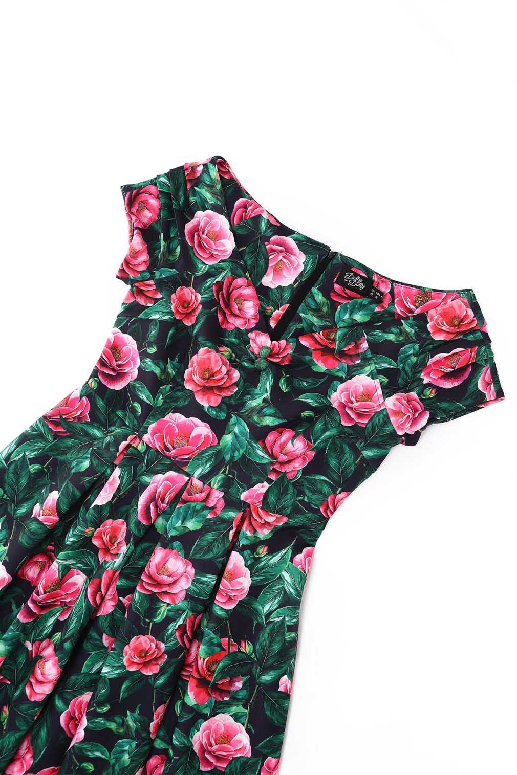 Dolly and Dotty A-Linien-Kleid Lily Black & Pink Camellia Off-Shoulder Vintage Retro