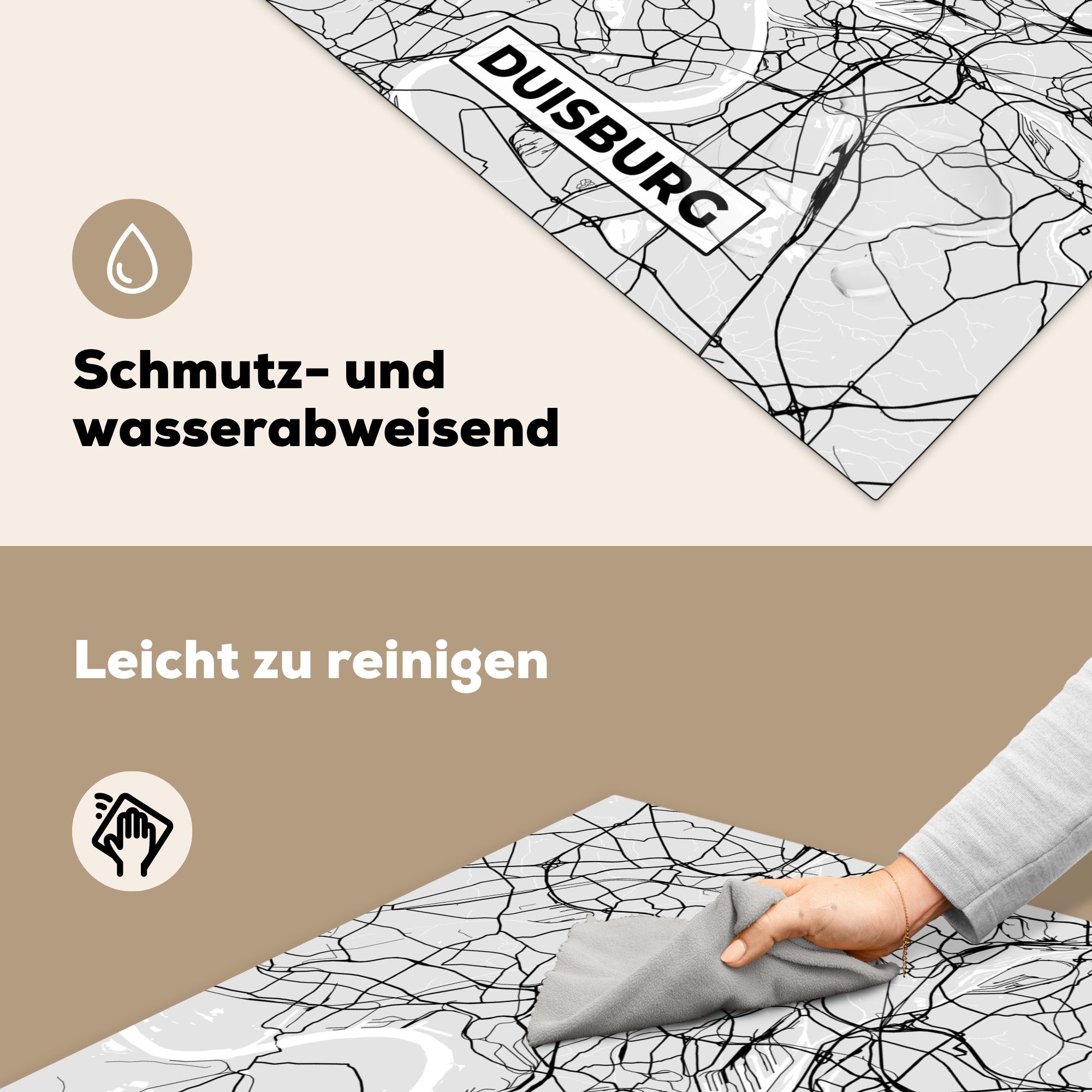 Karte cm, Herdblende-/Abdeckplatte 78x78 - für MuchoWow Duisburg küche Deutschland, Ceranfeldabdeckung, (1 Vinyl, - tlg), Stadtplan - Arbeitsplatte
