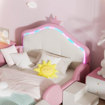 MODFU Kinderbett Bett Polsterbett Hausbett,mit kleiner Rutsche und Treppe (mit schützenden weichen Kanten, Crown Cartoon Bett mit mehrfarbigem Multi-Mode-LED-Streifen), mit kleiner Rutsche und Treppe, Ohne Matratze