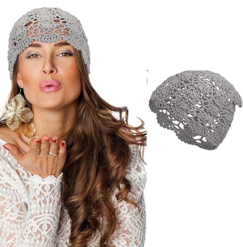Oemmn Beanie Damen-Häkelmütze, lockere Strickmütze, Baumwolle, handgefertigt