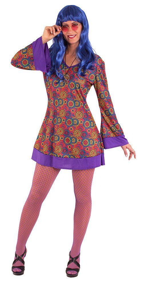 Karneval-Klamotten Hippie-Kostüm Damenkostüm Woodstock 60er Jahre, Kleid lila-bunt, V-Ausschnitt, mit Haarband