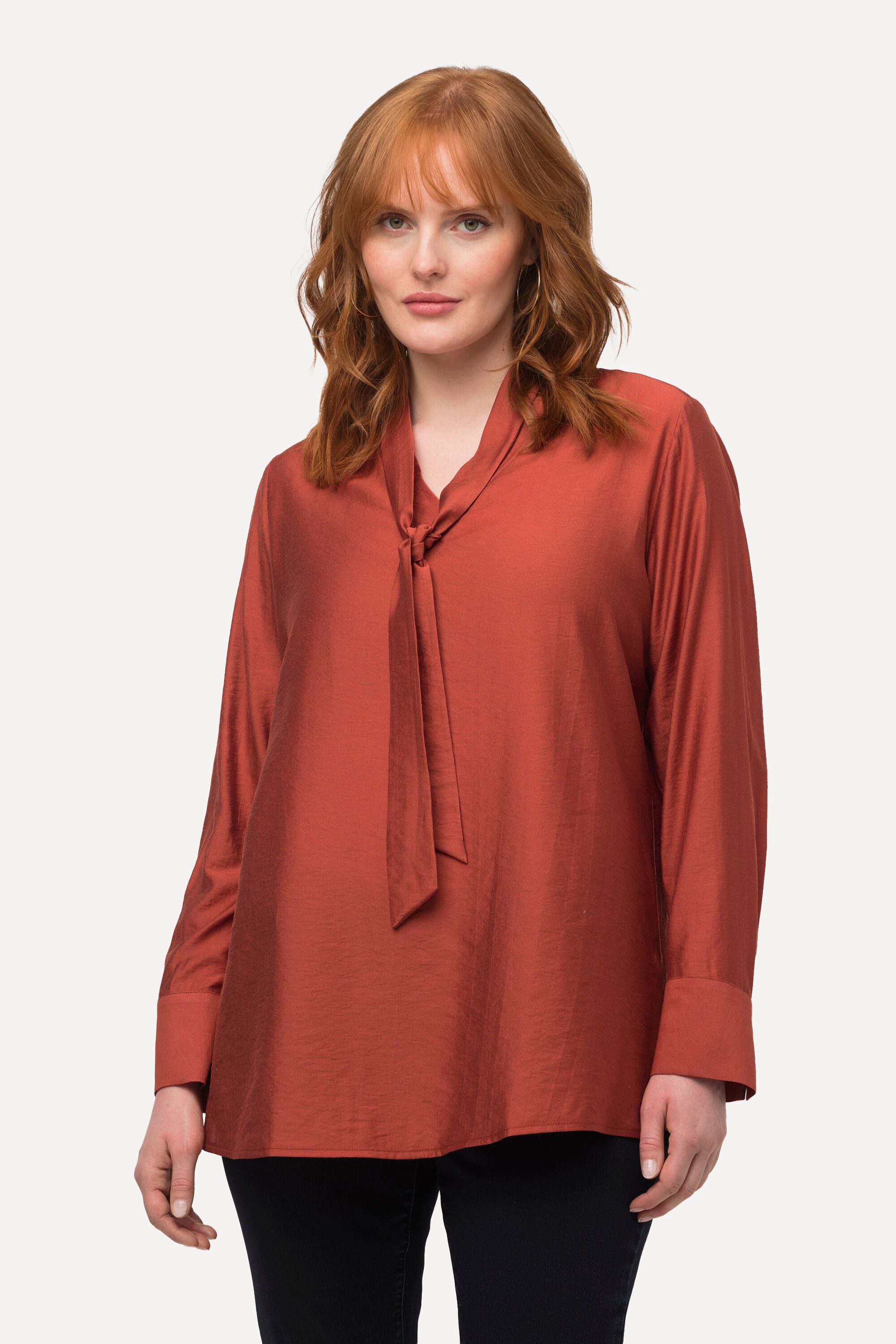 Longbluse Schluppen-Bluse Mikrostreifen V-Ausschnitt Langarm