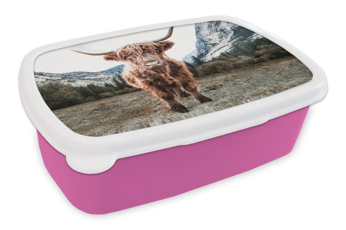 MuchoWow Lunchbox Schottischer Highlander - Berg - Tiere, Kunststoff, (2-tlg), Brotbox für Erwachsene, Brotdose Kinder, Snackbox, Mädchen, Kunststoff rosa
