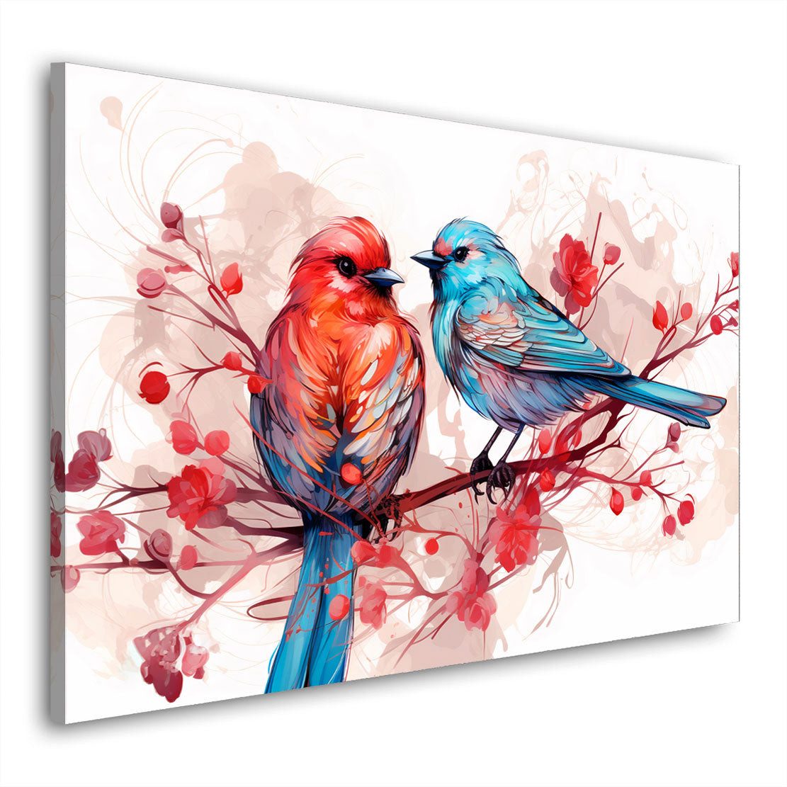 Artedinoi Leinwandbild Zwei Vögel auf Ast rot blau Aquarell Leinwandbild Kunstdruck XL Deko, Vögel auf Ast