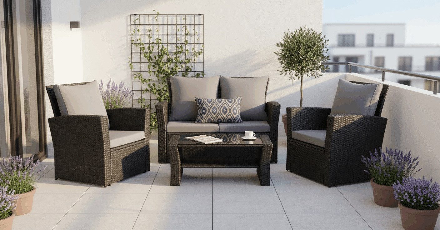 MeXo Gartenlounge-Set, (handgefertigtes Poly-Rattan Gartenmöbelset, 4-tlg., 2-Sitzer Sofa, 2 Sesseln und Tisch mit Stauraum), wetterfestes Balkonmöbel-Set für kleinen Balkon