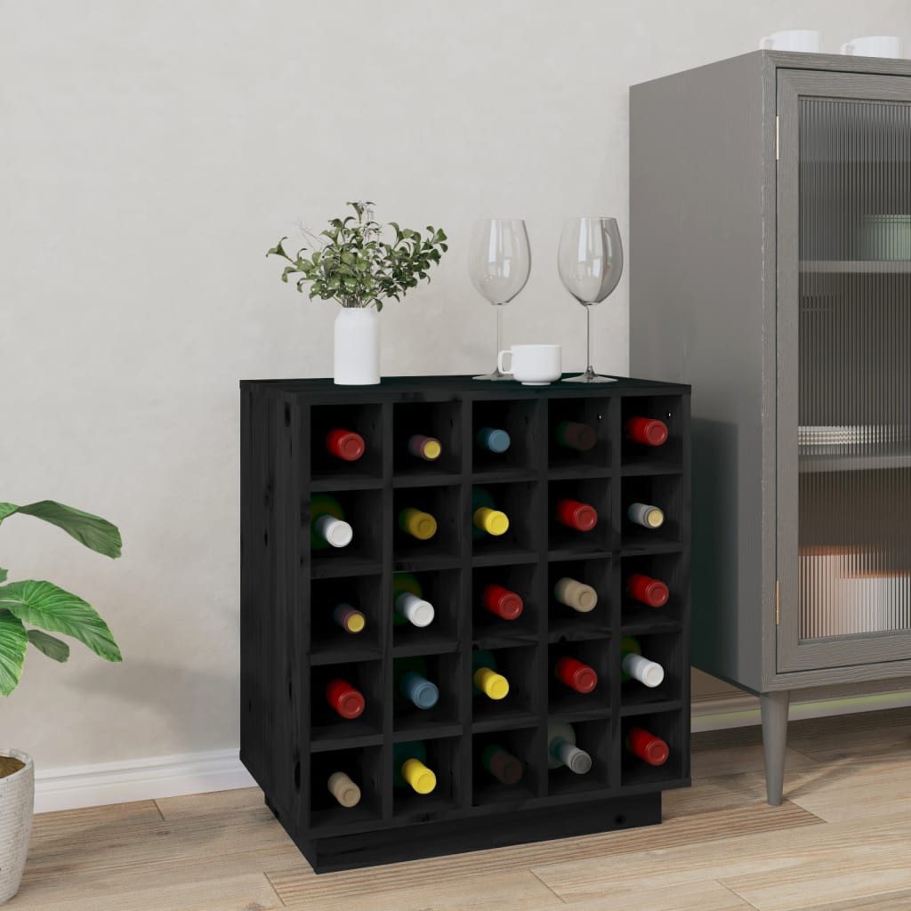furnicato Weinregal aus massivem Kiefernholz Schwarz 55,5 x 34 x 61 cm, 1-tlg., Flaschenständer mit Stauraum für 25 Flaschen und Wandhalterung