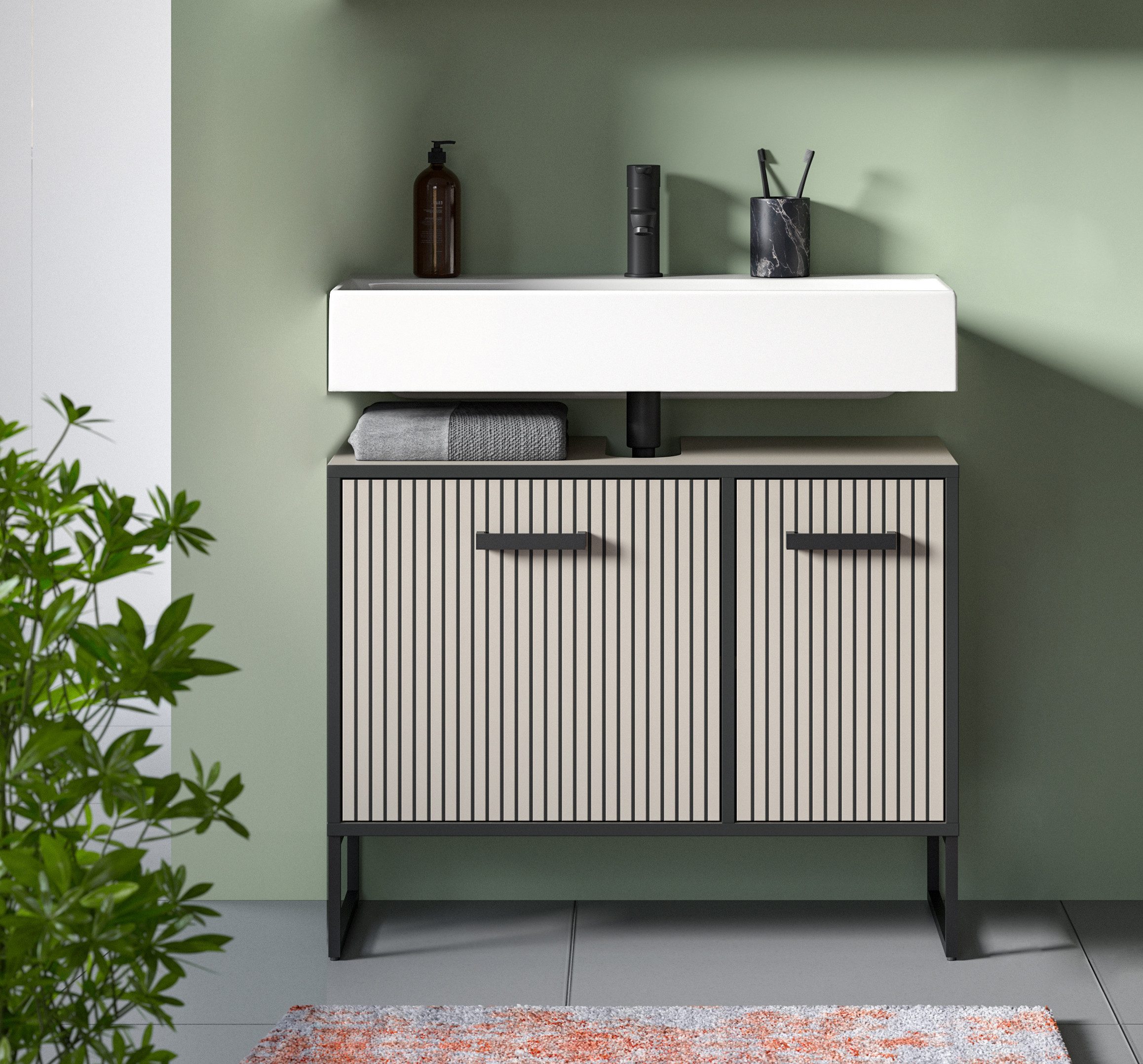 welltime Waschbeckenunterschrank LOCRI, Höhe 63 cm, 2 Türen, 2 Einlegeböden, mit Siphonausschnitt (1-St., industrial Look mit Rillenoptik & Metall Kufen) Badmöb – Bild 2 von 5