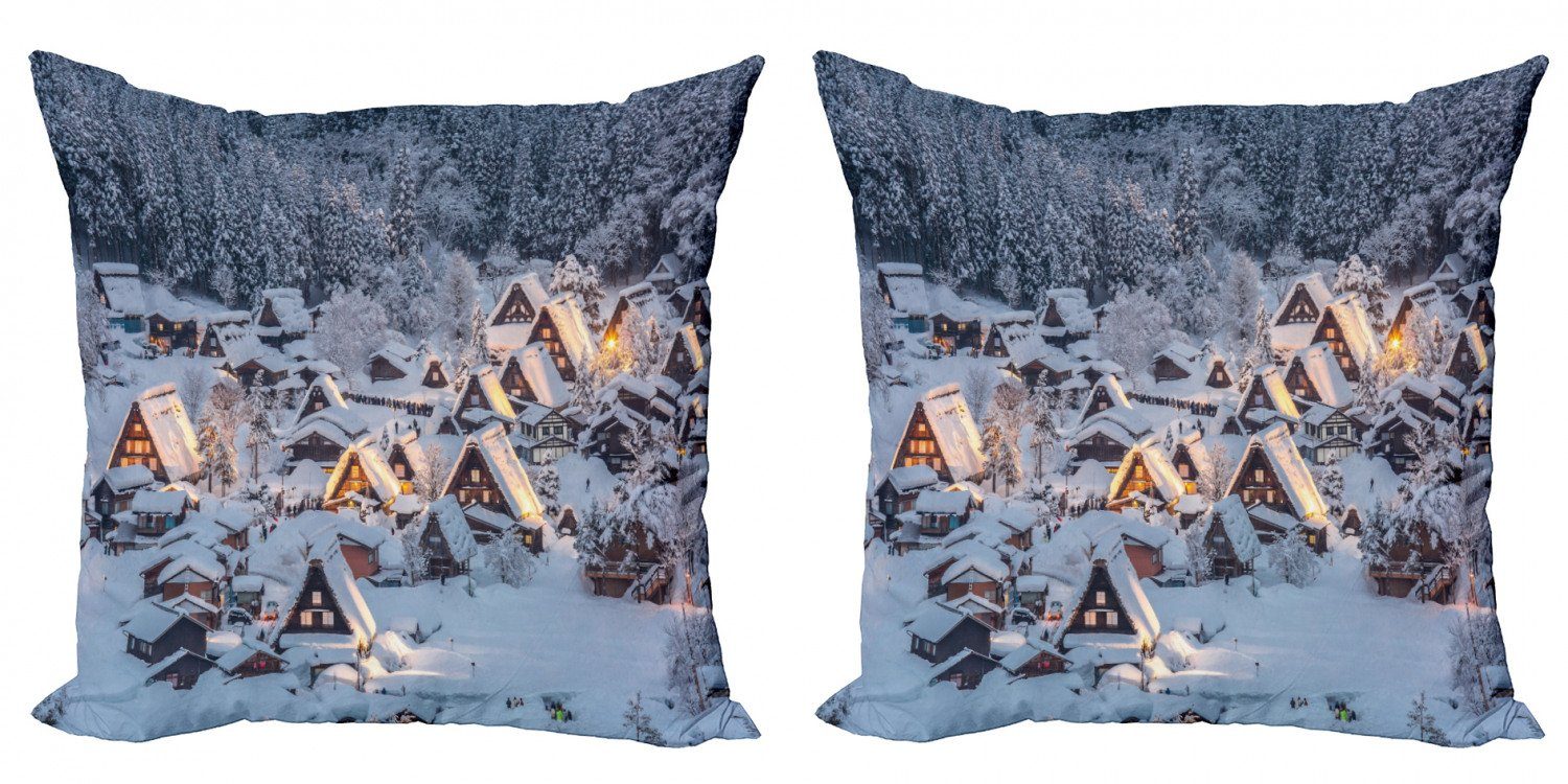 Accent Winter Doppelseitiger Kissenbezüge (2 Modern Abakuhaus Dorf Shirakawa Digitaldruck, Stück),