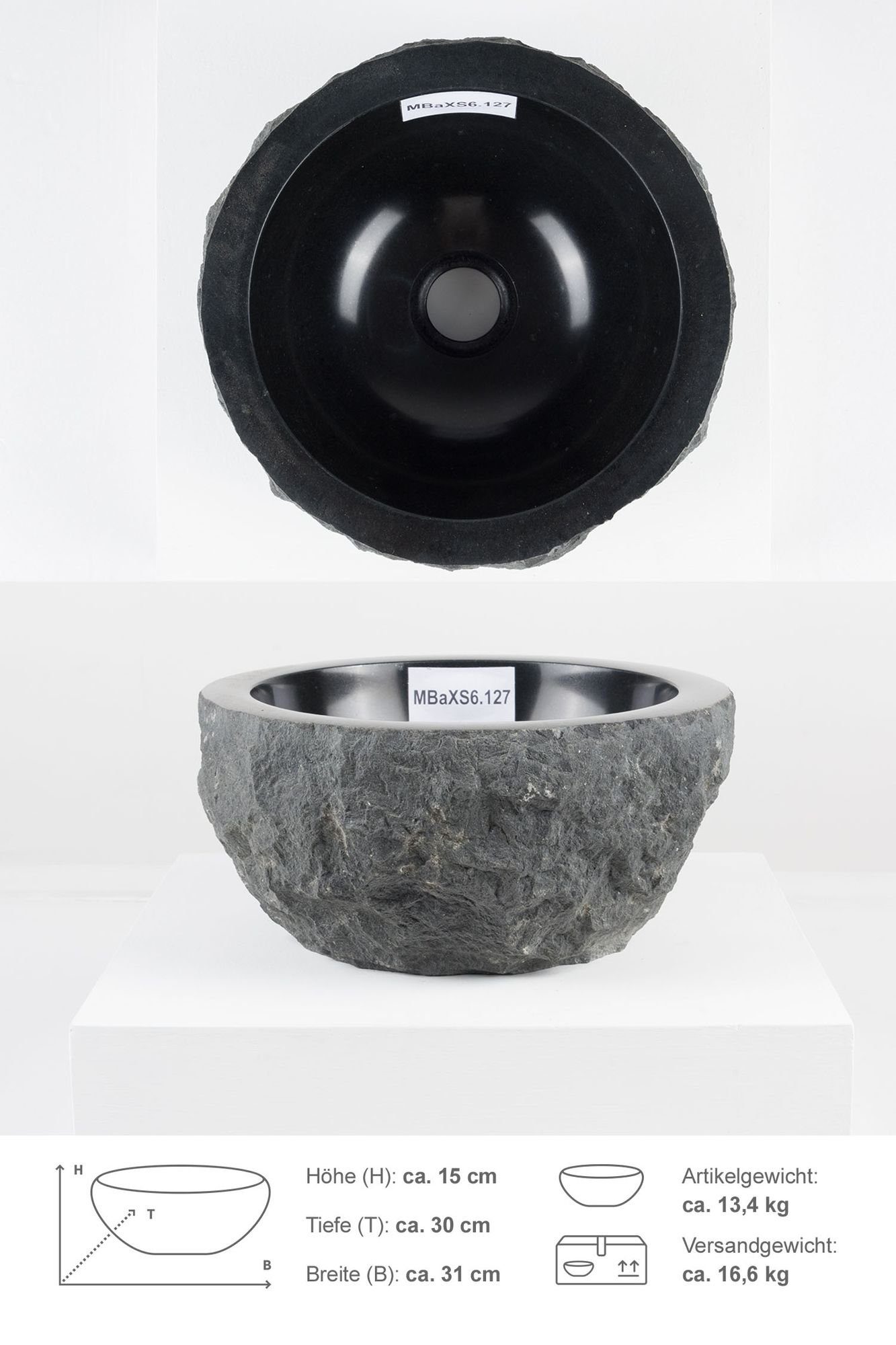 wohnfreuden Aufsatzwaschbecken Andesit Waschbecken EROSI 30 cm schwarz (Kein Set), 101660_MBaXS6.127