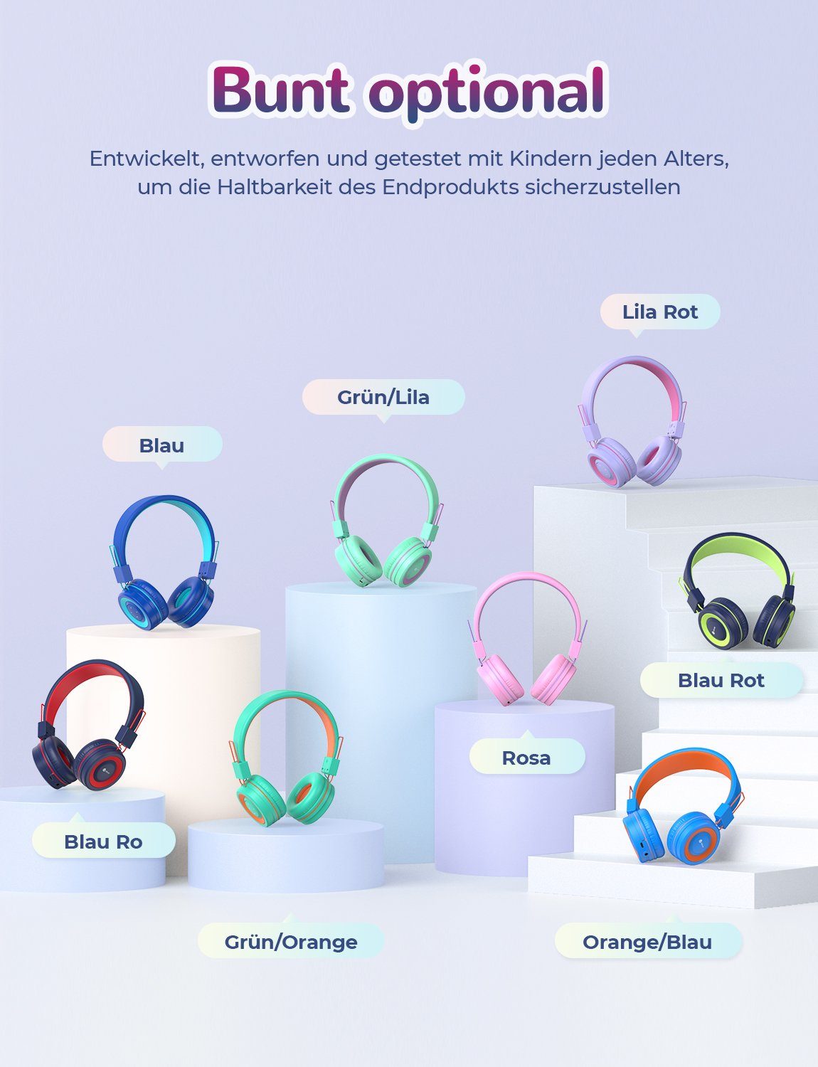 Stirnband, Kopfhörer rot lila mit am iclever Kinder für Ohr (Bluetooth, Verstellbares Schule) für Kinderkopfhörer Faltbar, BTH02 MIC On-Ear-Kopfhörer