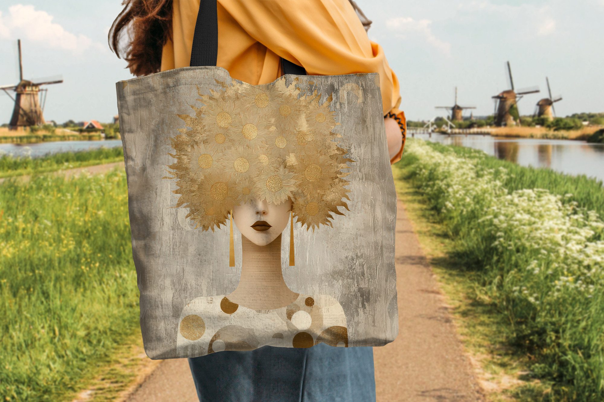 MuchoWow Shopper Gold - Porträt - Frau, Handtasche, Damen und Herren, Schultertasche, Umhängetasche, Tote Bag