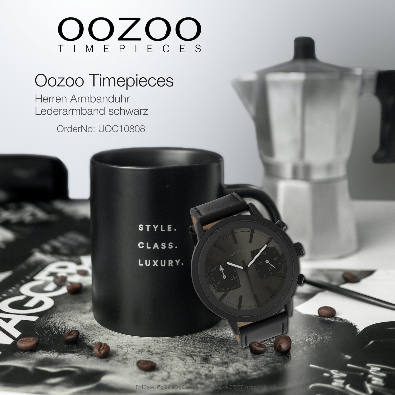 OOZOO Analog, Casual-Style Oozoo (ca. schwarz rund, Armbanduhr Herren Herrenuhr Lederarmband, extra groß 50mm) Quarzuhr