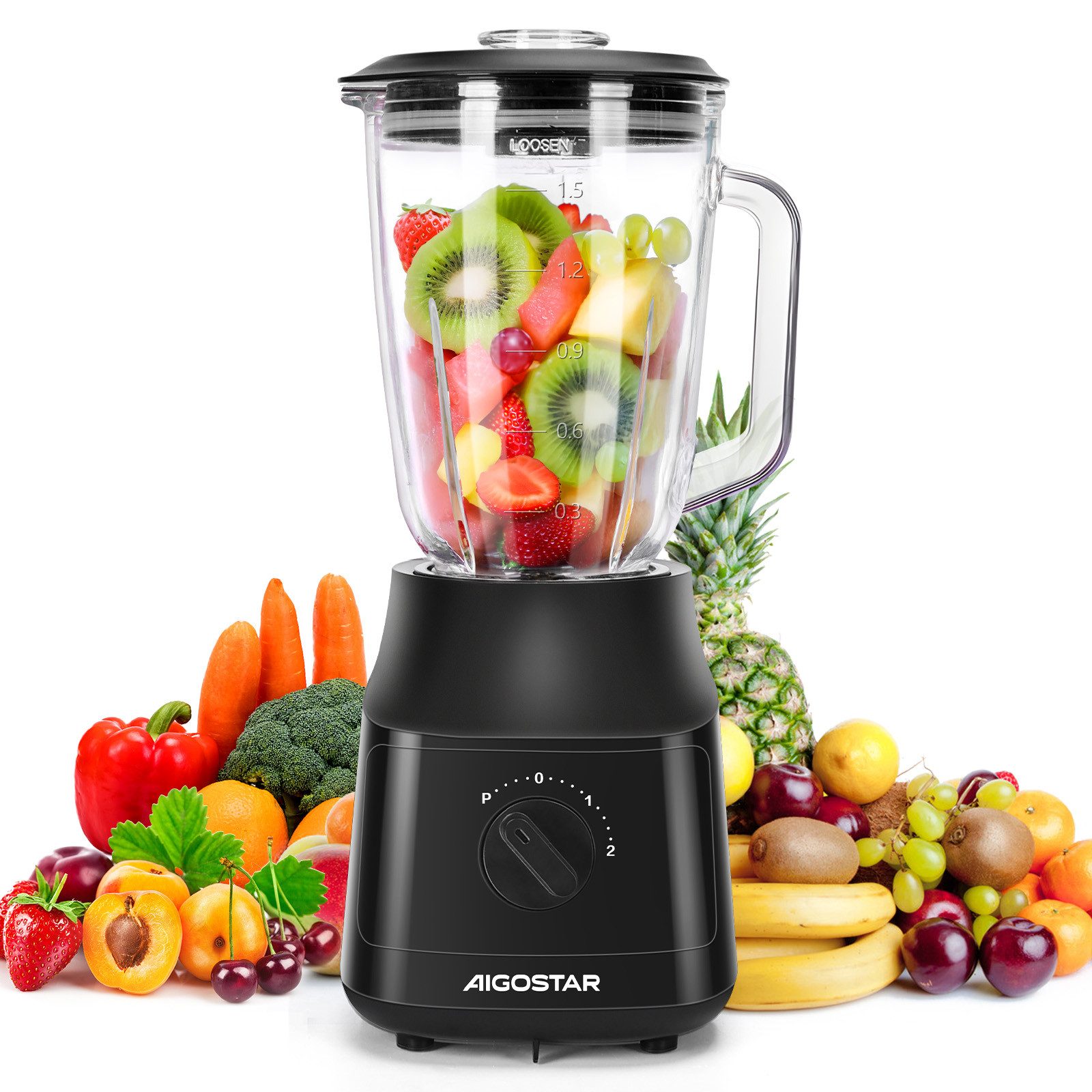 Smoothie-Maker Standmixer 1.5 Liter, Ice Crush Funktion, 2 Geschwindigkeiten + Pulse