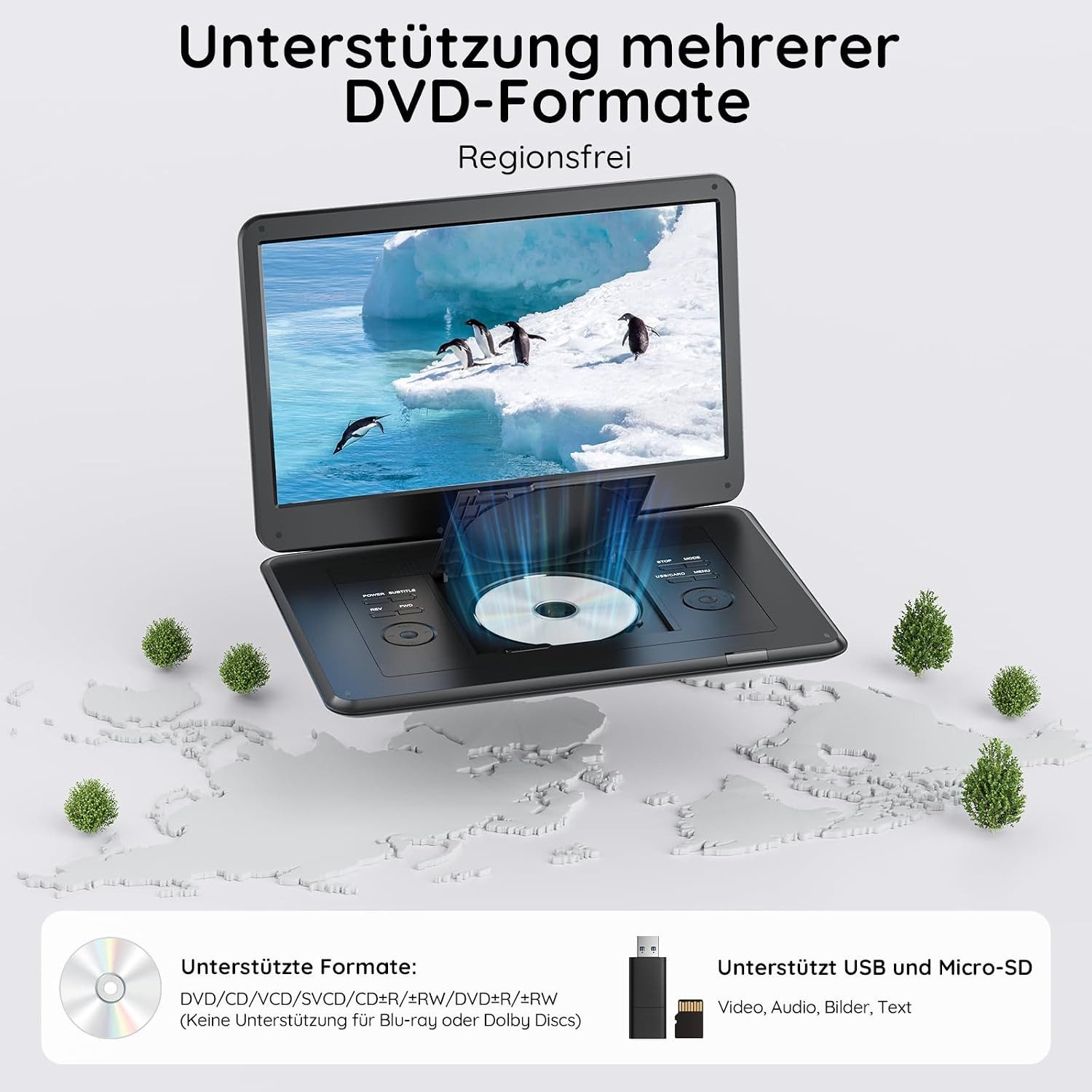 Boifun 15,6 Zoll Tragbarer Fernseher mit Integriertem DVD-Player Portabler DVD-Player (1366 × 768, Digitalem DVB-T2-Tuner Akku HDMI-Eingang FM-Radio)