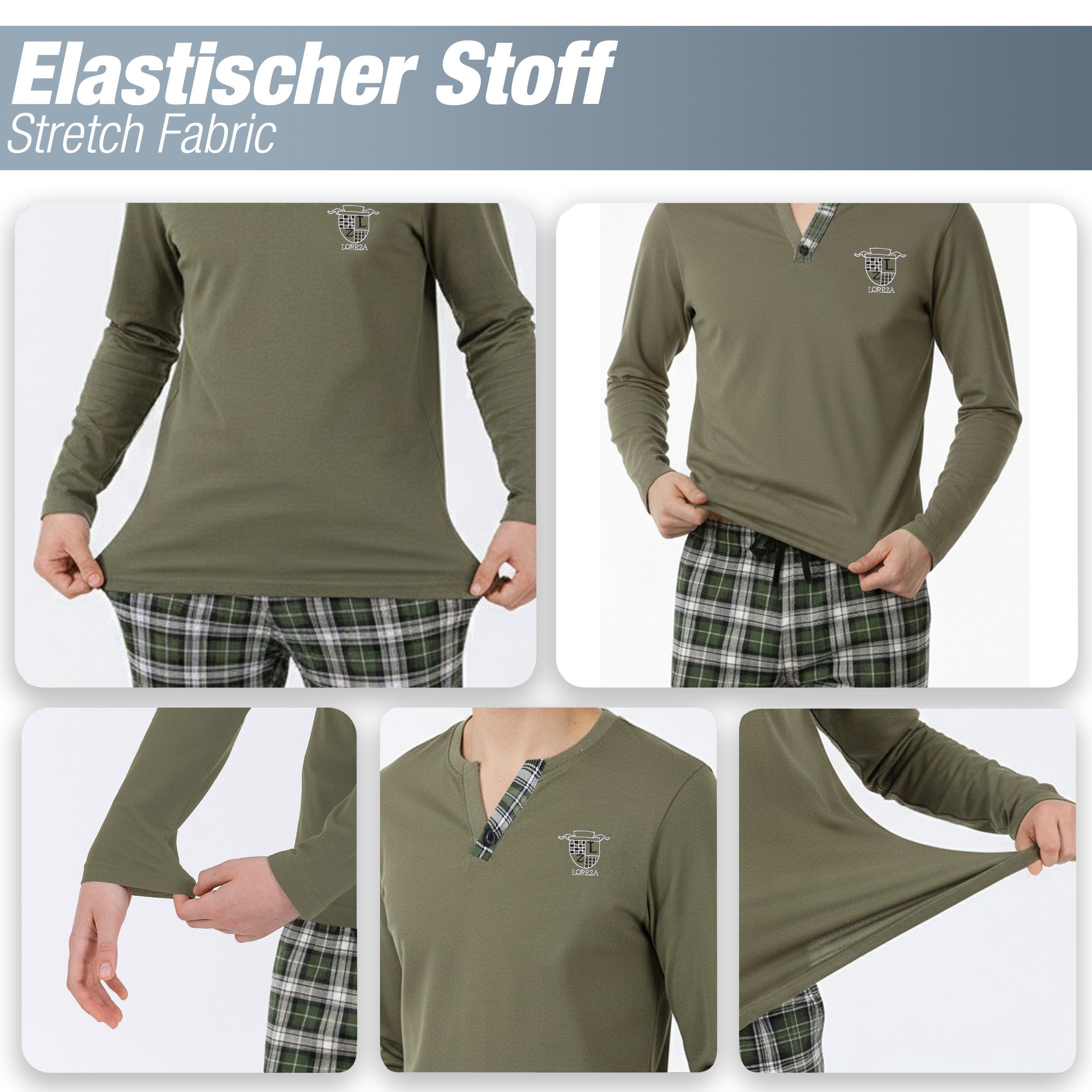 LOREZA Pyjama Jungen Schlafanzug zweiteilig Langarm - Kariert - Grün (Set, 2 tlg)