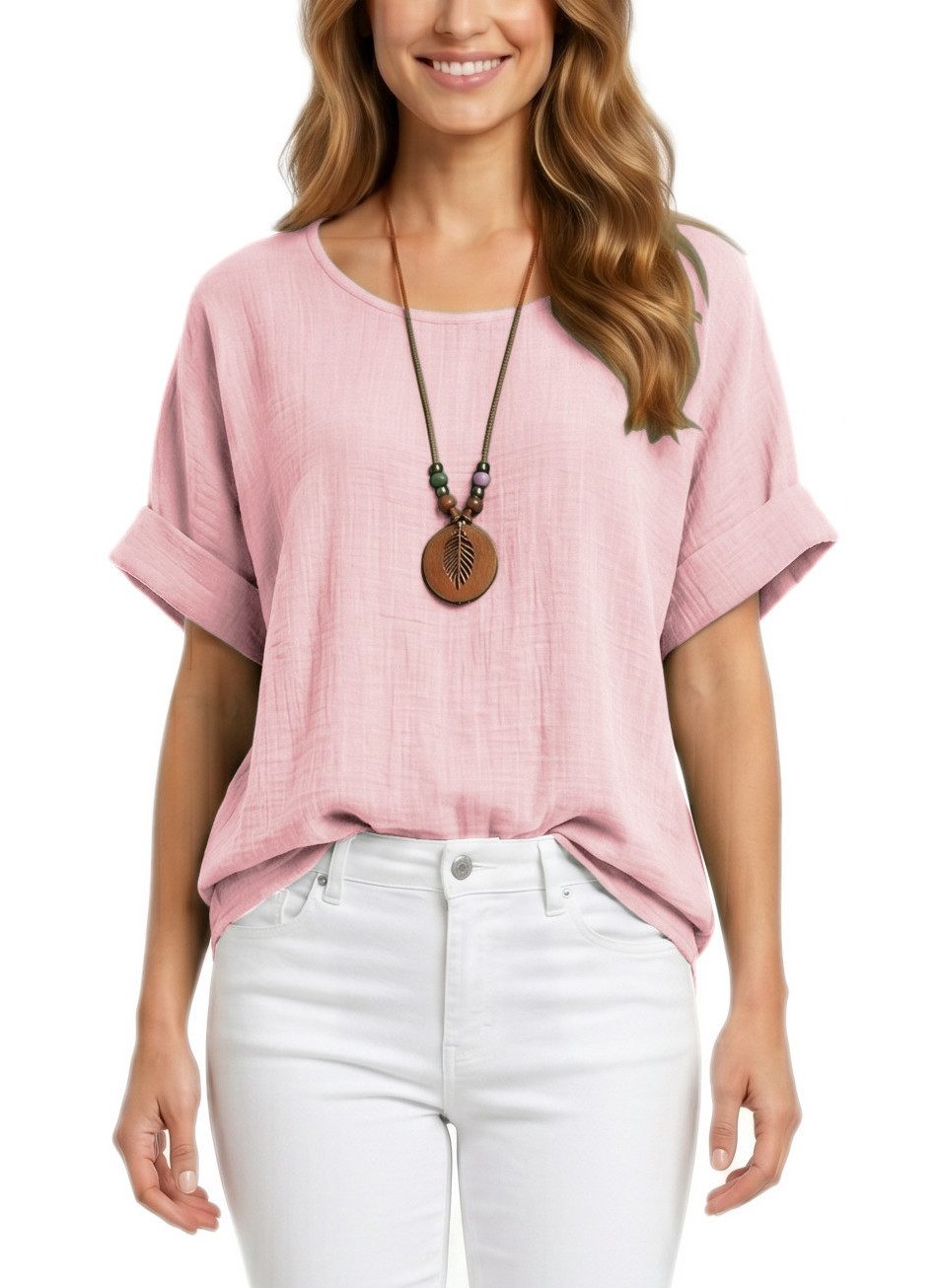 dy_mode Kurzarmbluse Damen Kurzarm Bluse Leichte Sommer Tunika Baumwollbluse Oberteil in Unifarbe, mit passende Kette