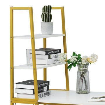 PFCTART Computertisch mit 5 Tier Bücherregal Schreibtisch, Weiß + Gold 120cm Bürotisch