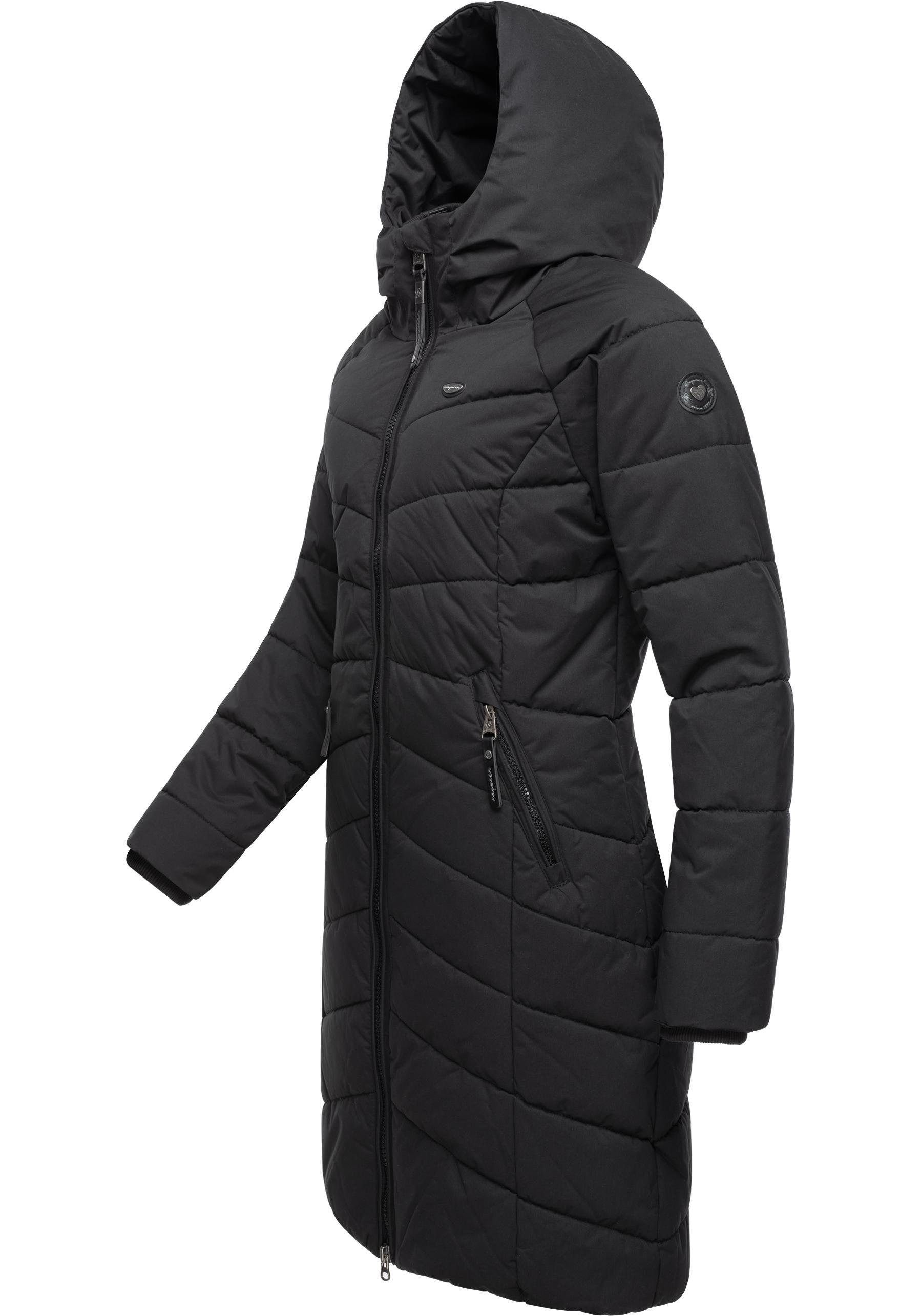 Ragwear mit stylischer, Coat Kapuze black gesteppter Dizzie gefütterter Winterparka Steppmantel