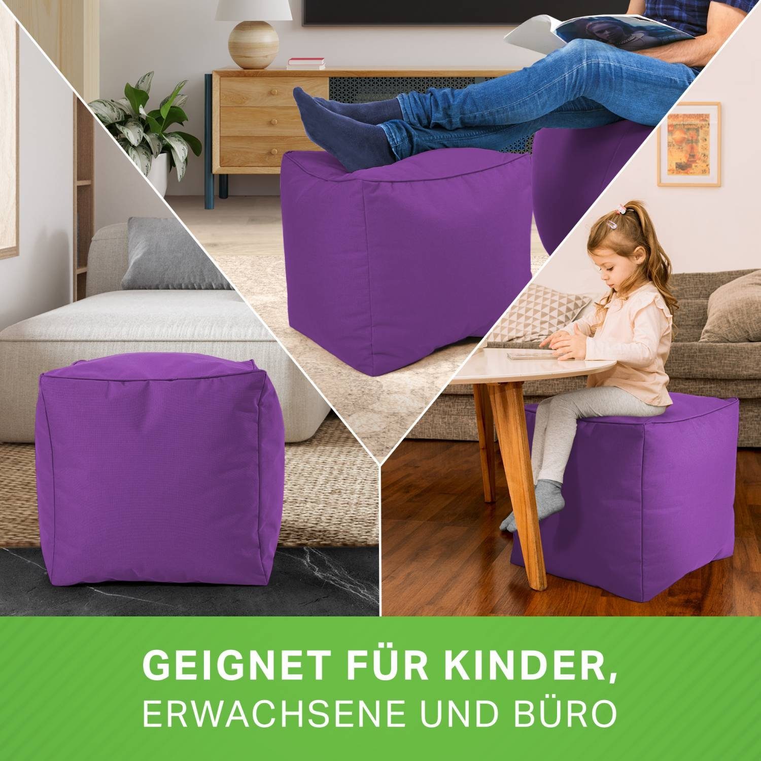 Sitzkissen für Bodenkissen Lila mit EPS-Perlen Cube - Erwachsene Fußhocker Fußkissen Kinder für Green Sitzhocker und Bean Füllung, (Hocker Sitzsäcke), 40x40x40cm Sitz-Pouf Sitzsack