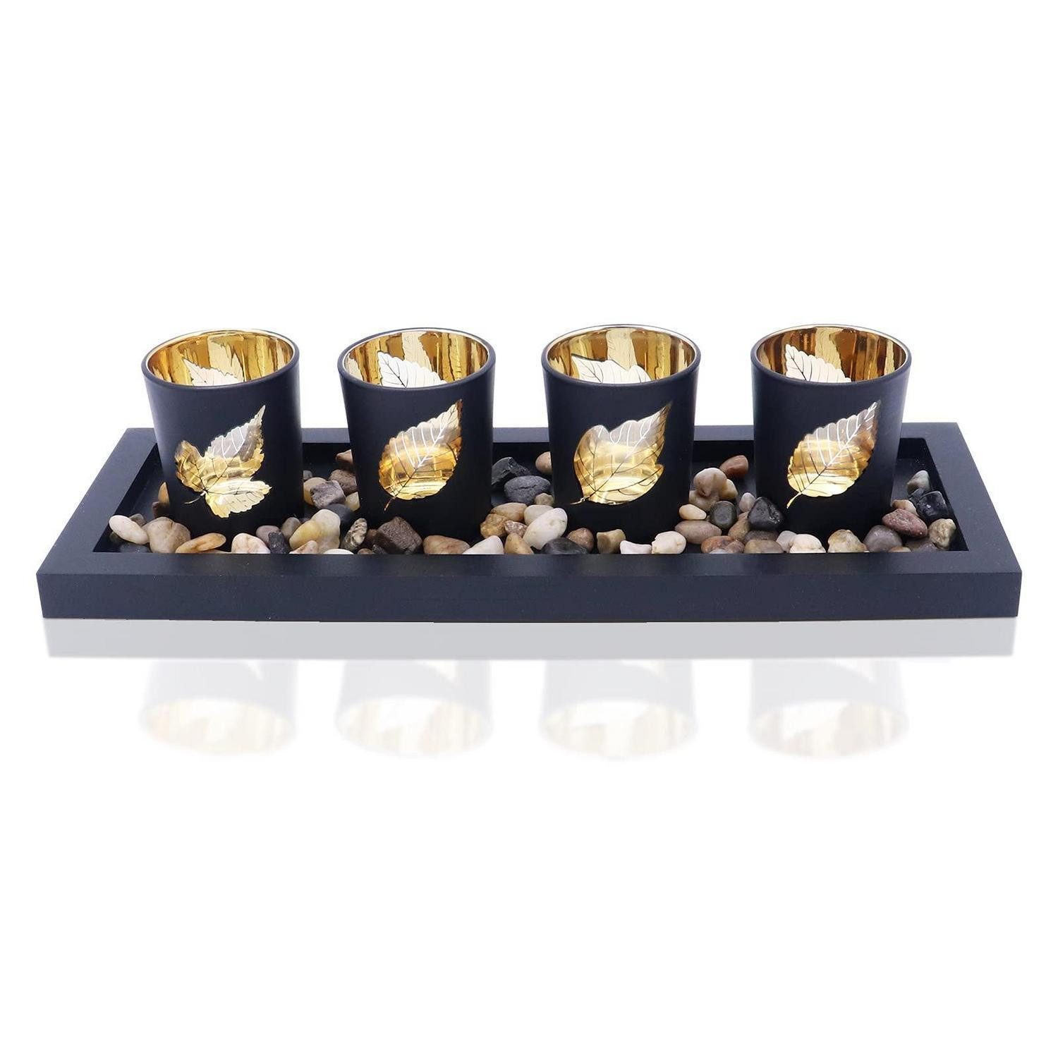 LuxusKollektion Tischkerzenhalter Kerzenhalter-Set mit 4 Glasbechern & Holztablett (1 St)