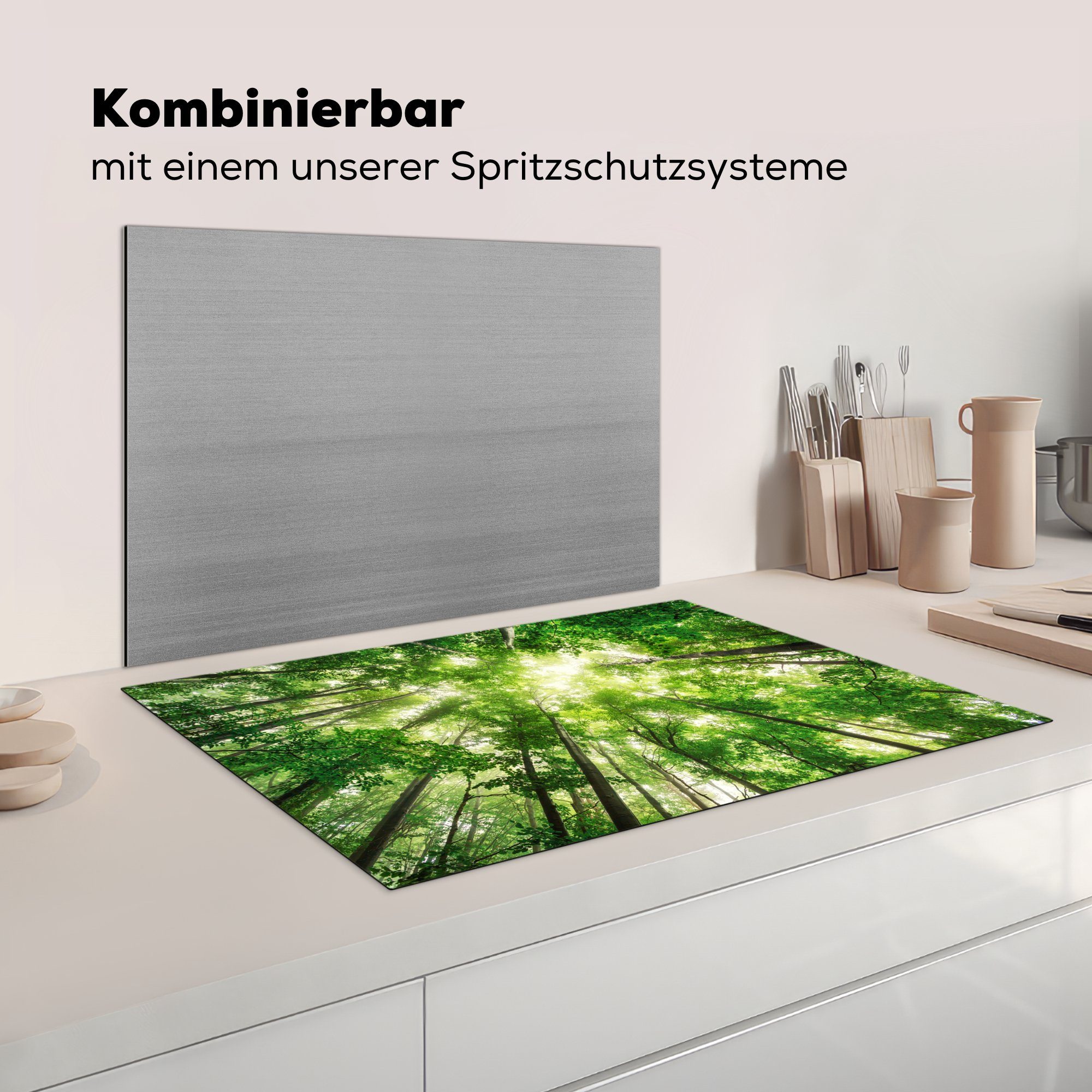 - tlg), Ceranfeldabdeckung - Baum, küche, für (1 81x52 Sonne MuchoWow Herdblende-/Abdeckplatte Vinyl, die cm, Induktionskochfeld Wald Schutz