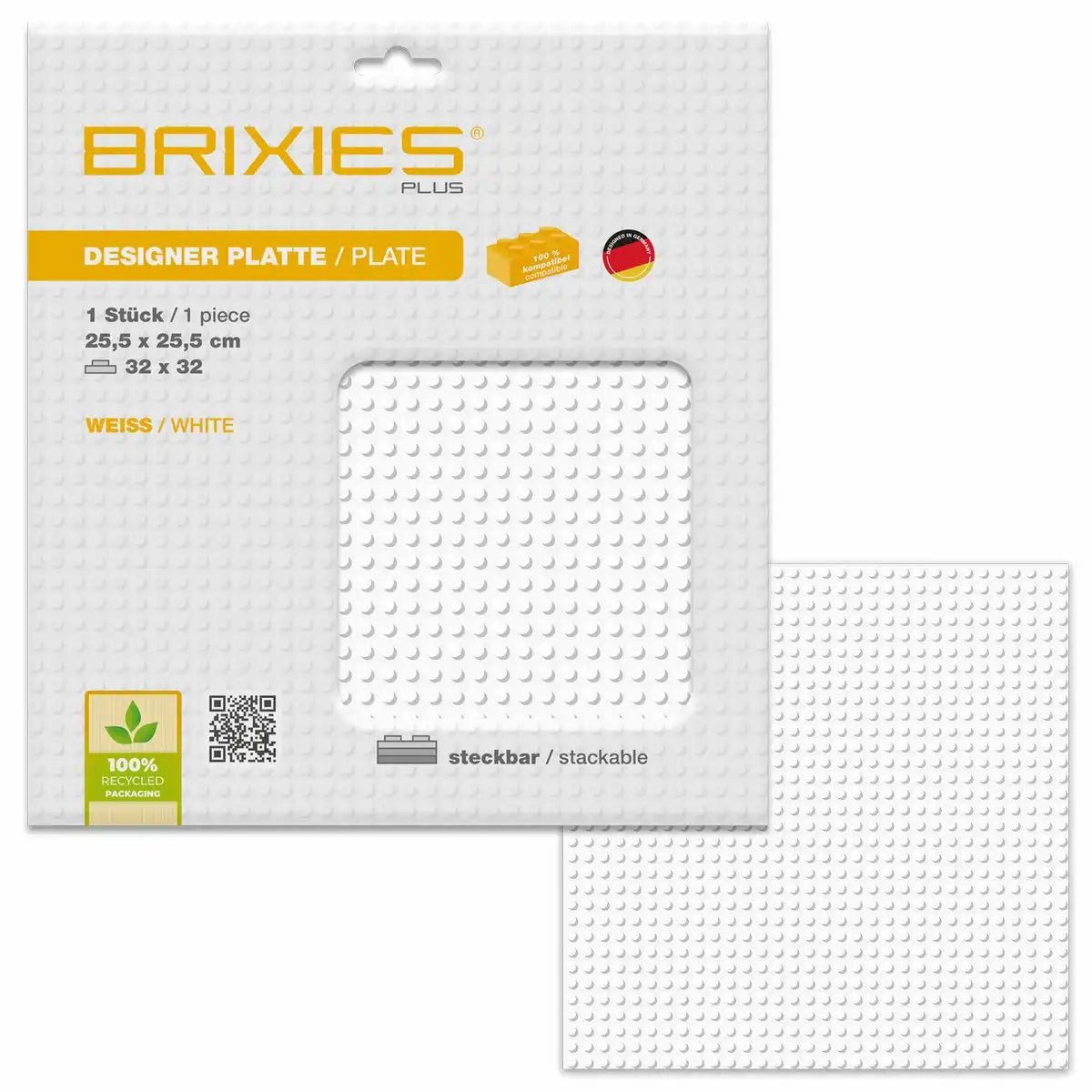 Brixies BRIXIES Bodenplatte Basic weiß 32x32cm Konstruktionsspielsteine, kompatible Klemmbausteine