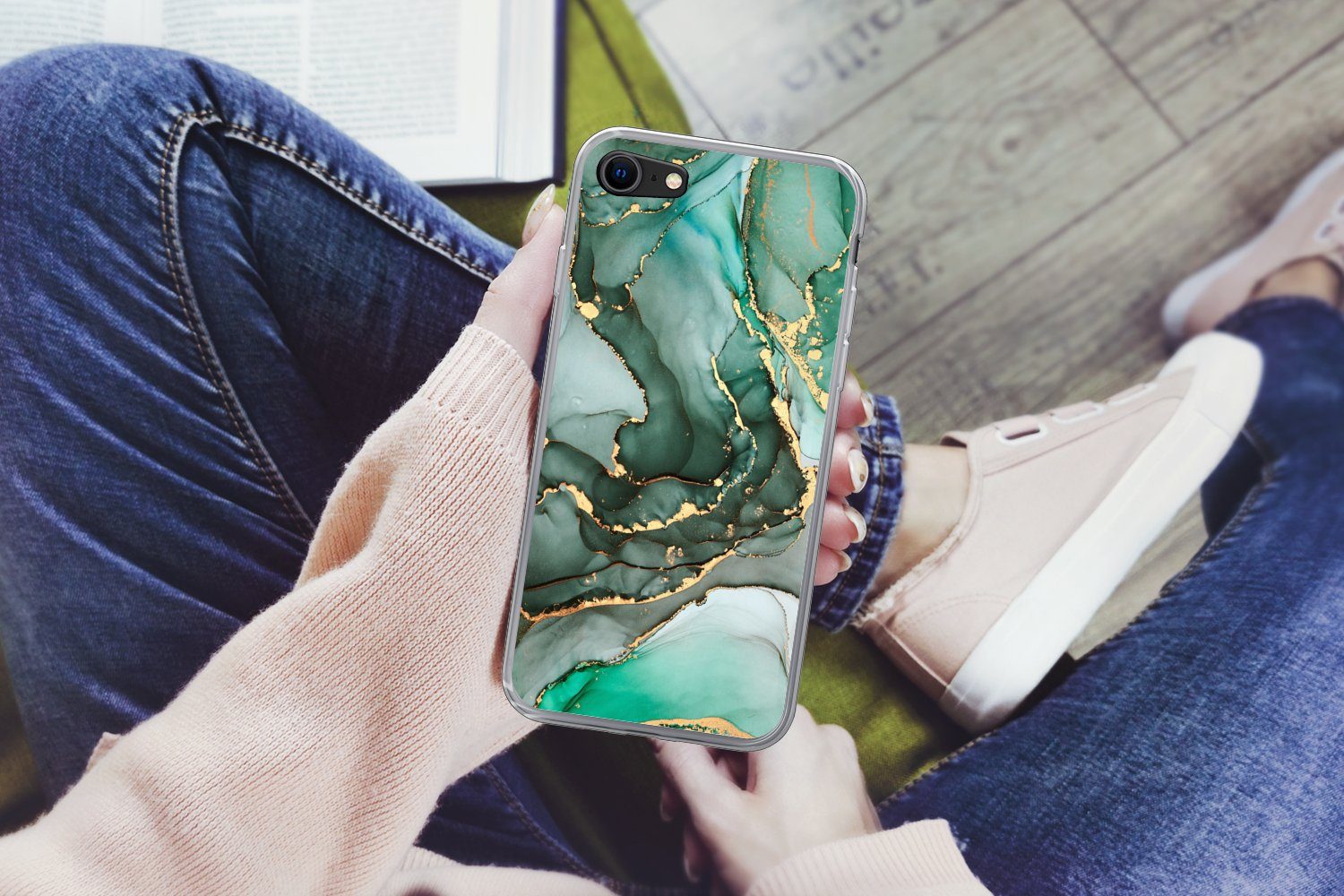 MuchoWow Handyhülle für Apple iPhone 7 Gold - Marmor - Grün - Luxus - Marmoroptik - Grau, Smartphone-Bumper, Print, Handy Schutzhülle Dünn