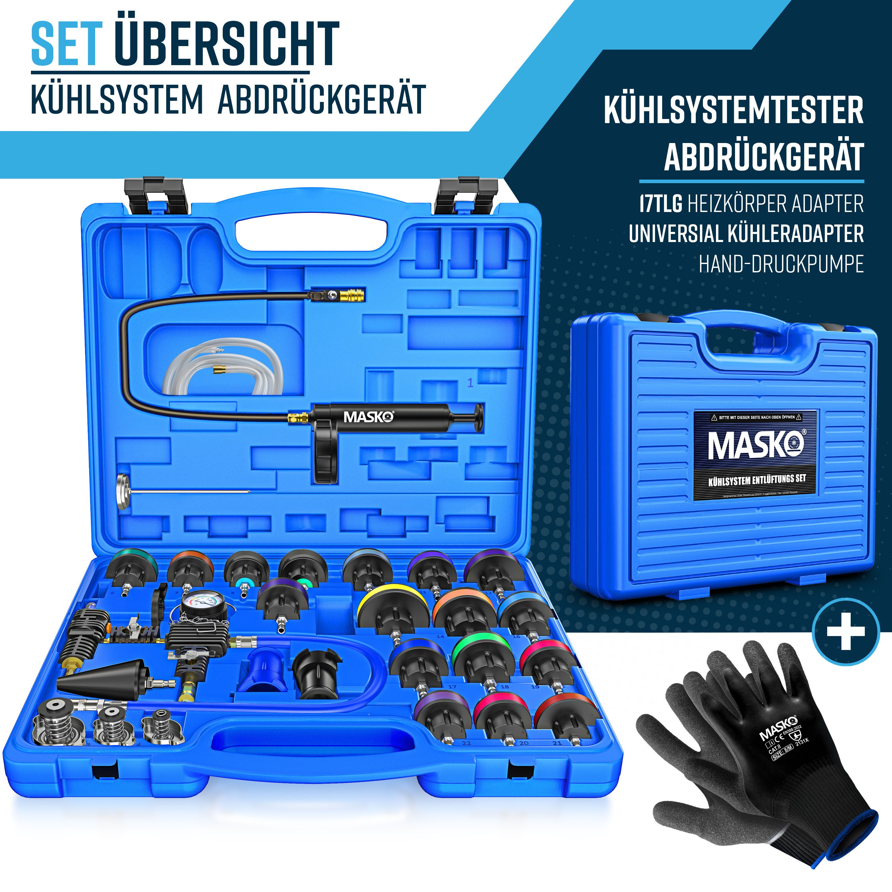 MASKO Multitool Kühlsystem Tester & Abdrückgerät - universeller Kühler Prüfgerät, (28-teiliges Kühlsystem-Nachfüll-Set inkl. Kühleradapter, Vakuumpumpe), Kühlerdruckprüfer - Kühler Entlüftungsgerät für Auto, Van, SUV, LKW
