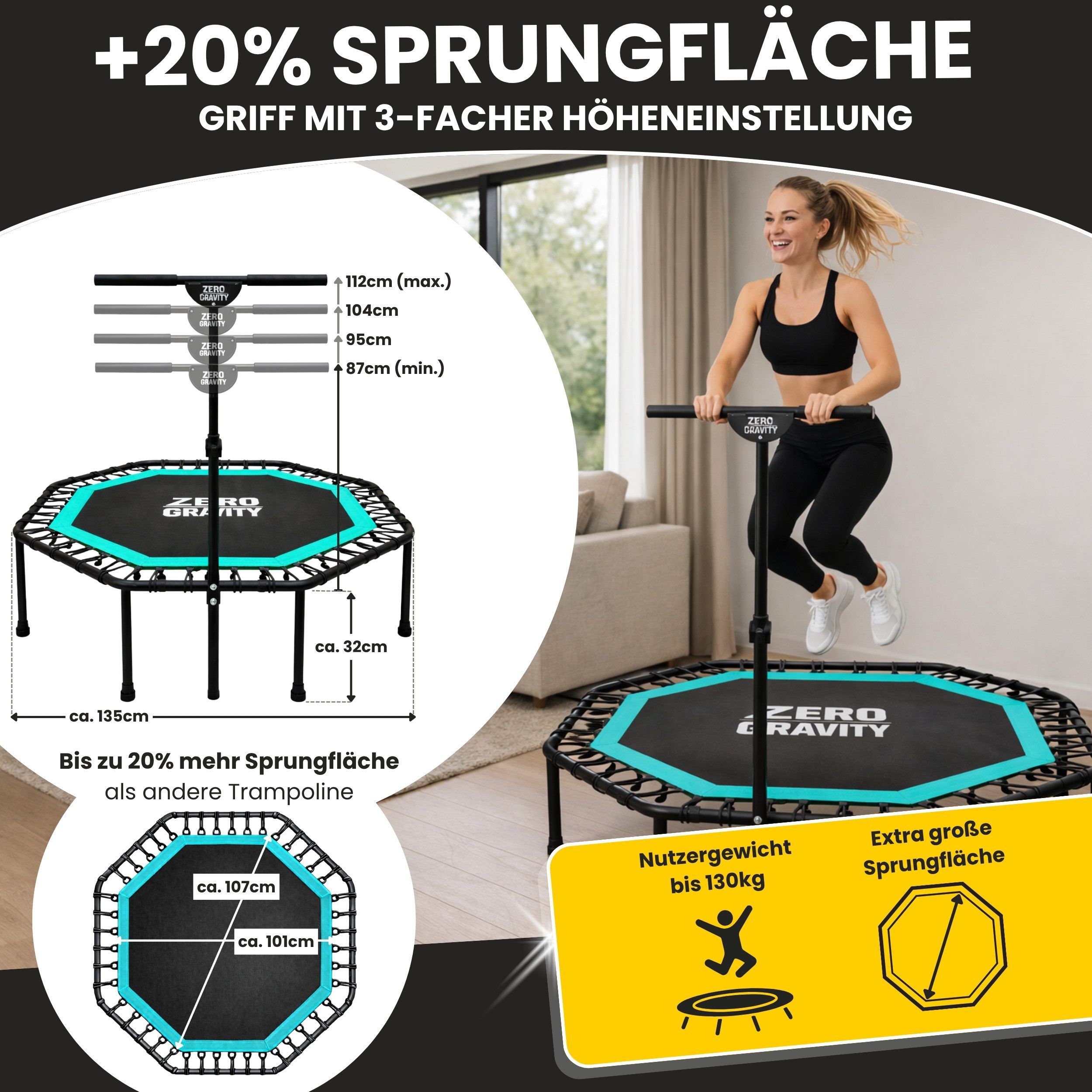 Zero Gravity Fitnesstrampolin mit großer Sprungfläche • Höhenverstellbarer Haltegriff • Bis 130kg, Ideal für Jumping Fitness, Leise Bungeeseilfederung, 9 Standbeine