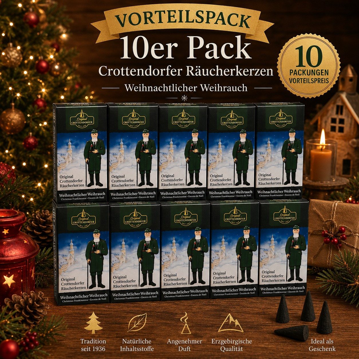 Crottendorfer Räucherkegel Crottendorfer Räucherkerzen 10er-Pack Weihnachtlicher Weihrauch (Packung, 10-St., Vorteilspack), 100% Made in Germany