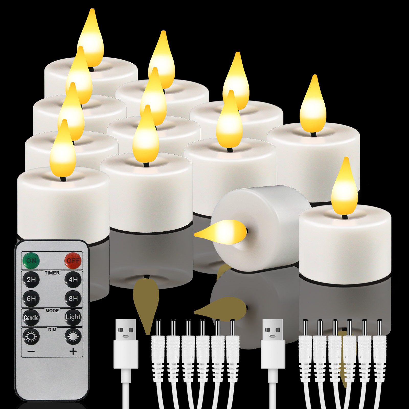 kisidus LED-Teelichter Wiederaufladbar LED Teelichter mit Timer Fernbedienung USB-Kabel, Flammenlose LED Teelichter Dimmbar für Hochzeiten Partys