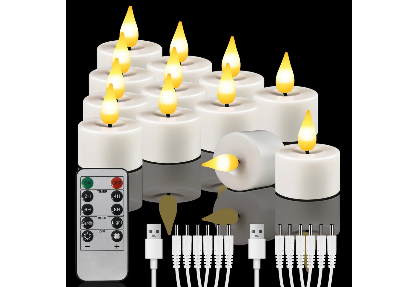 OZAVO LED-Teelichter 6/12er set Aufladbar LED Teelichter mit Timer Fernbedienung USB-Kabel, warmweiß, Flammenlose LED Teelichter Dimmbar für Hochzeiten Partys