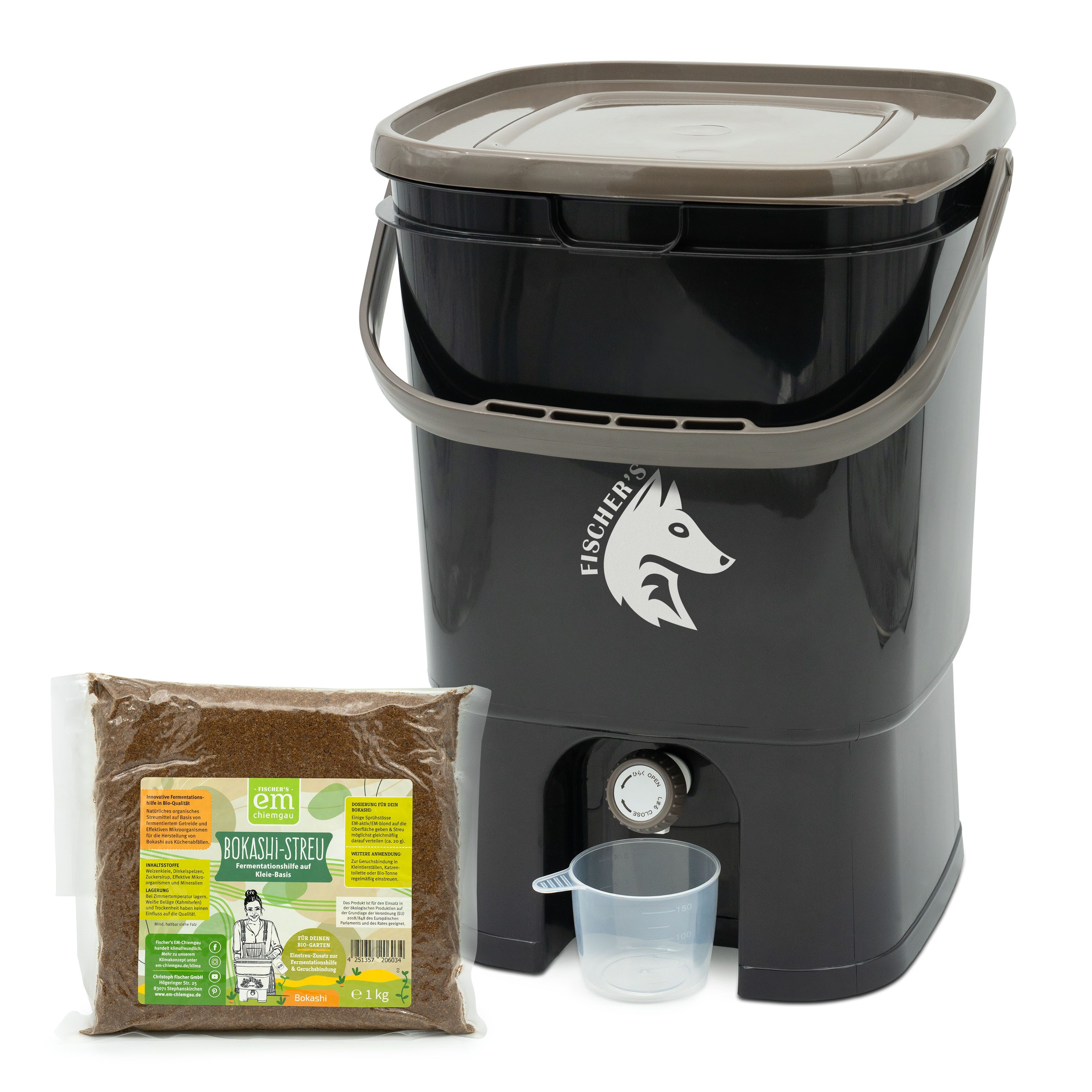 FairFox Komposter FairFox Bokashi-Set – Küchenkomposter mit Zubehör & EM-Starterpaket, (Set mit Bokashi Streu, Bokashi-Komposter-Set mit Zubehör zur Fermentation), Mit Zubehör & Streu – Küchenkomposter