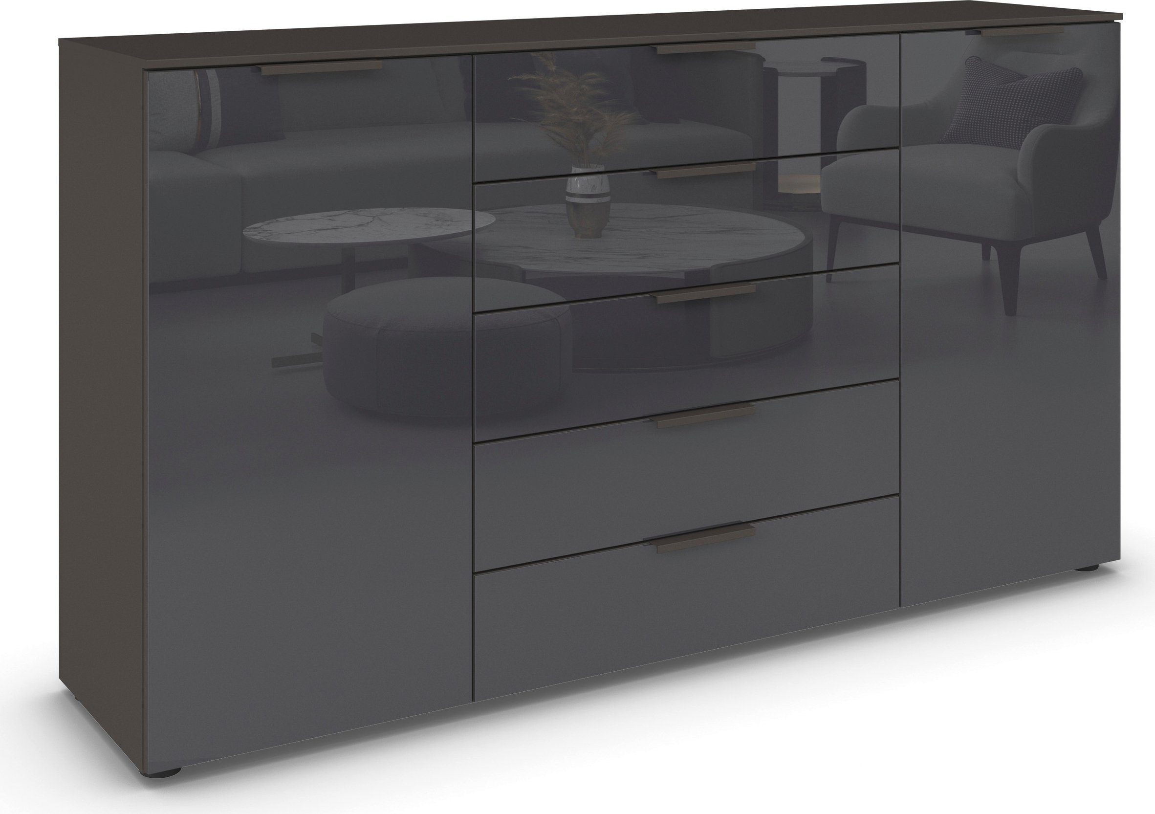rauch Schubkastenkommode Kommode Türkommode Sideboard Kombikommode FLIPP mit Glasfront (Breite 160/180 cm mit 4 Einlegeböden), 2-trg mit 5 Schubladen und Soft-Close, 2 Breiten MADE IN GERMANY