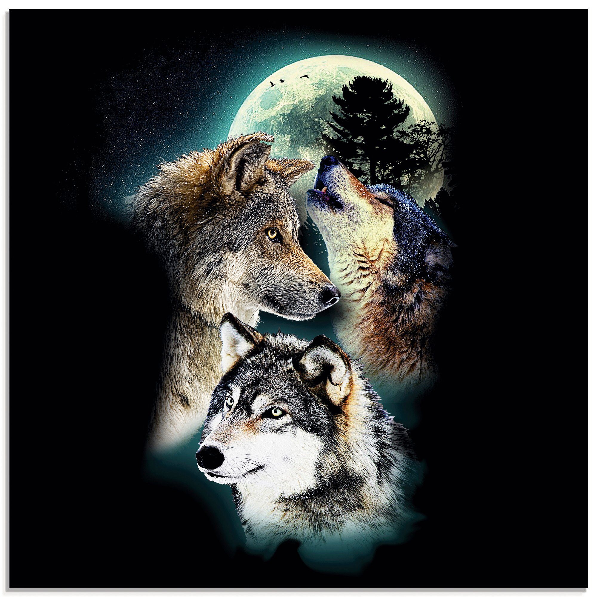 Artland Glasbild Phantasie Wolf Wölfe mit Mond, Wildtiere (1 St), in verschiedenen Größen