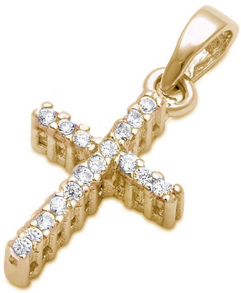 Goldene Hufeisen Kreuzanhänger Mini klein Kreuz Anhänger 925 Sterling Silber Vergoldet mit Zirkonia (inkl. Etui), Gelbgold überzogen